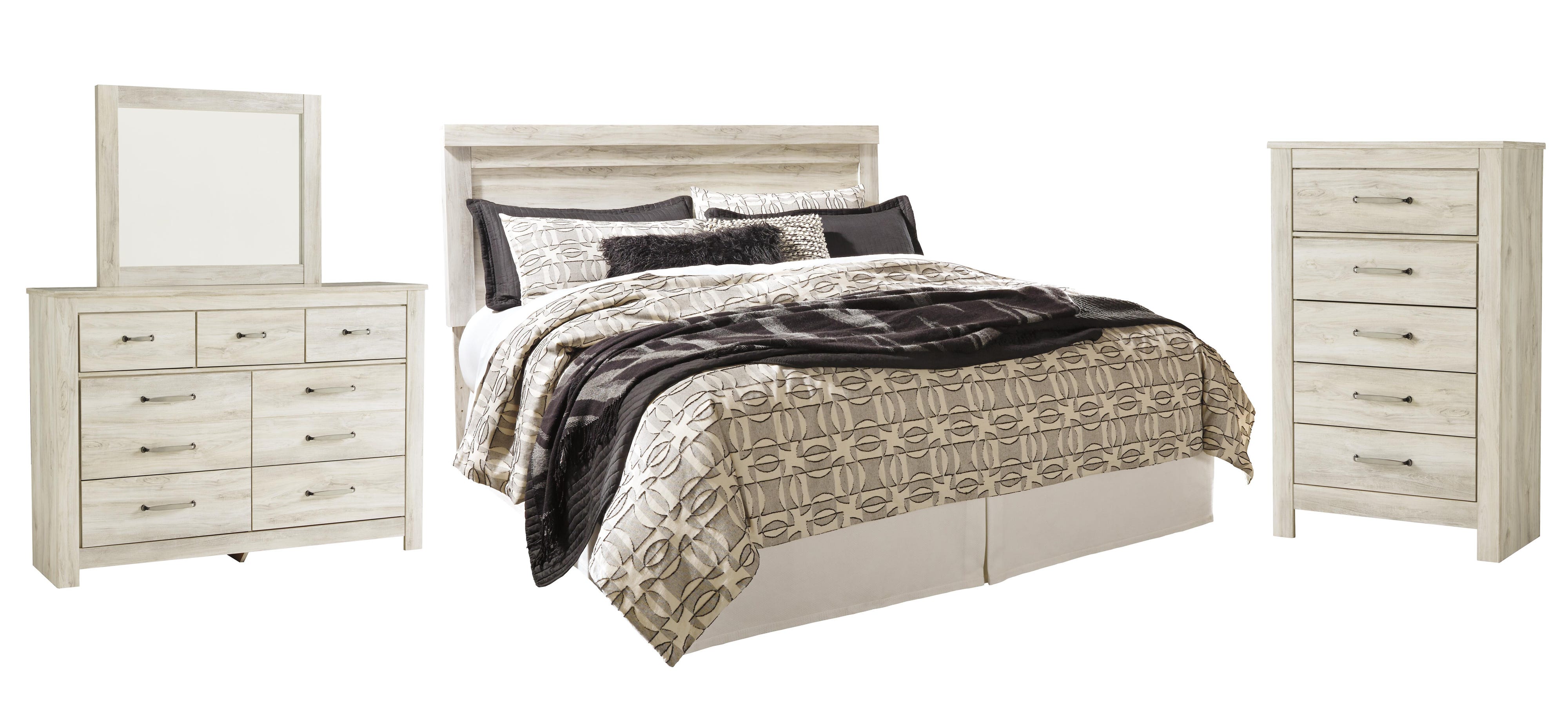 Bellaby Panel Headboard with Mirrored Dresser and Chest