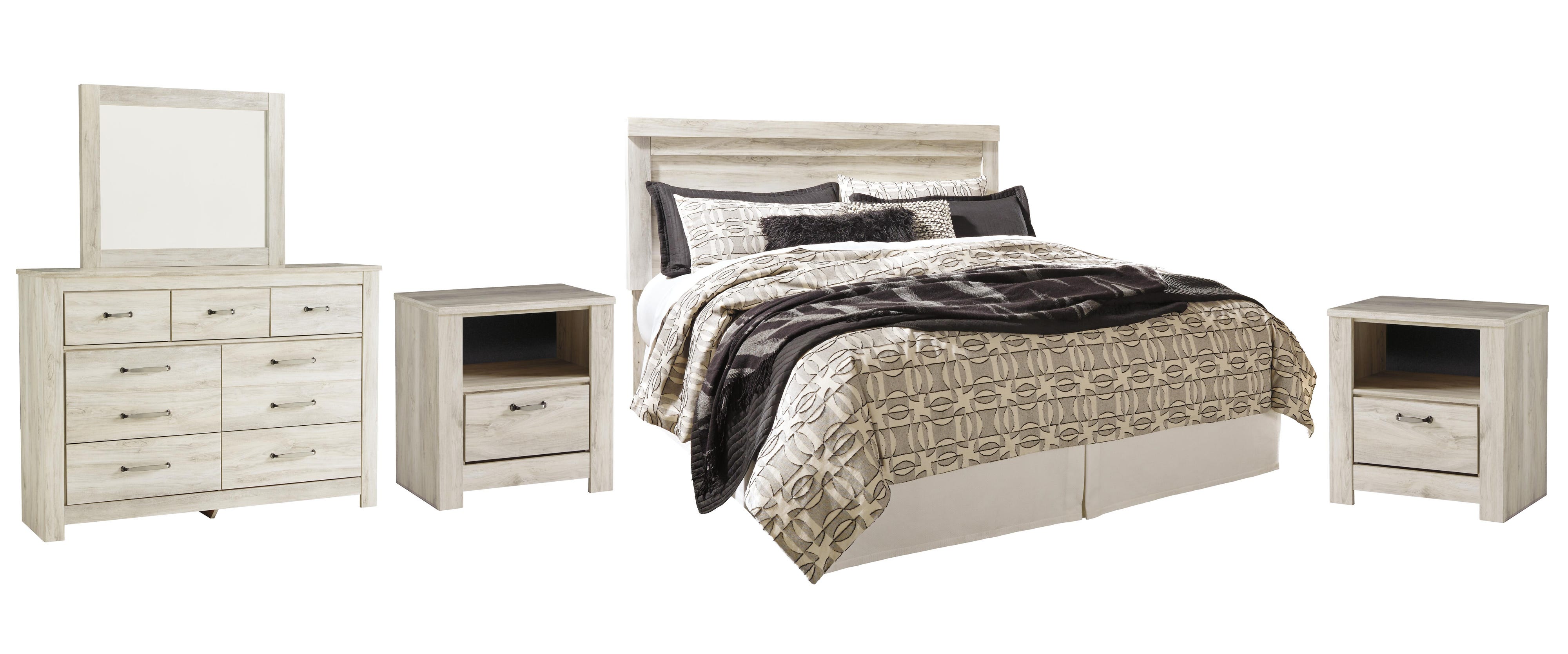 Bellaby Panel Headboard with Mirrored Dresser and 2 Nightstands
