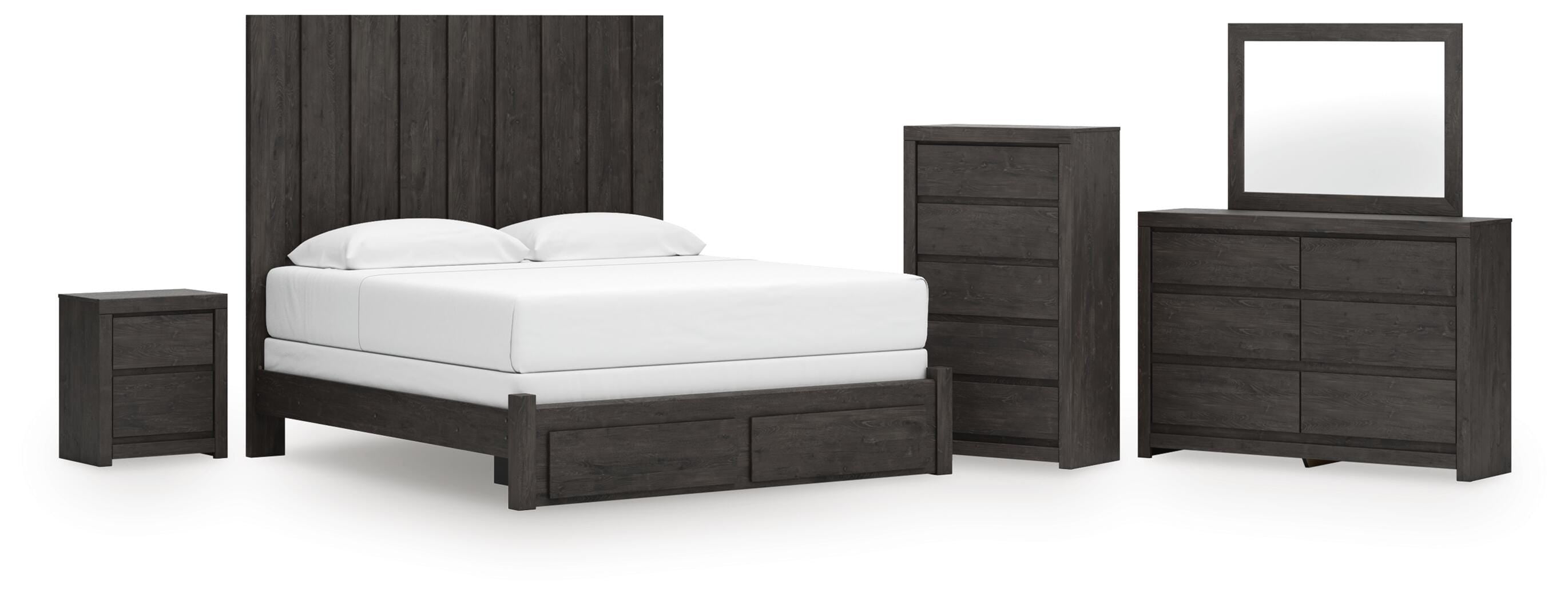 Fraluna Panel Storage Bed, Dresser, Mirror, Chest and Nightstand