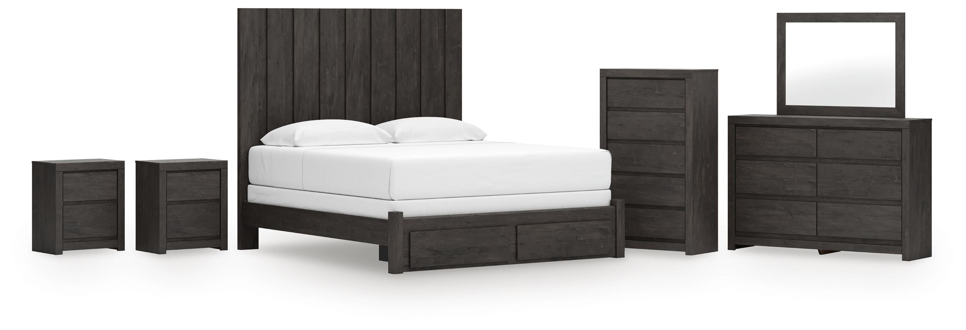 Fraluna Panel Storage Bed, Dresser, Mirror, Chest and 2 Nightstands