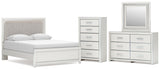 Zuraleus Upholstered Panel Platform Bed, Dresser, Mirror and Chest