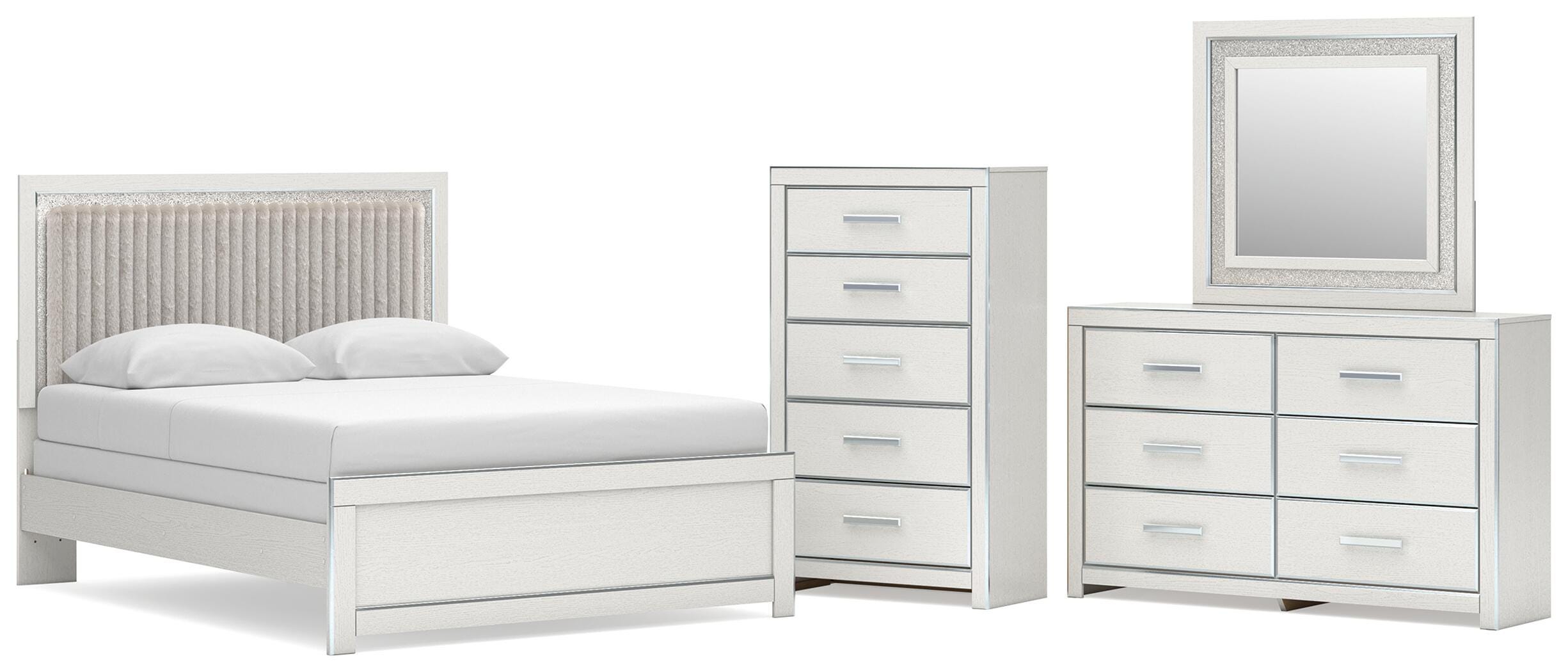 Zuraleus Upholstered Panel Bed, Dresser, Mirror and Chest