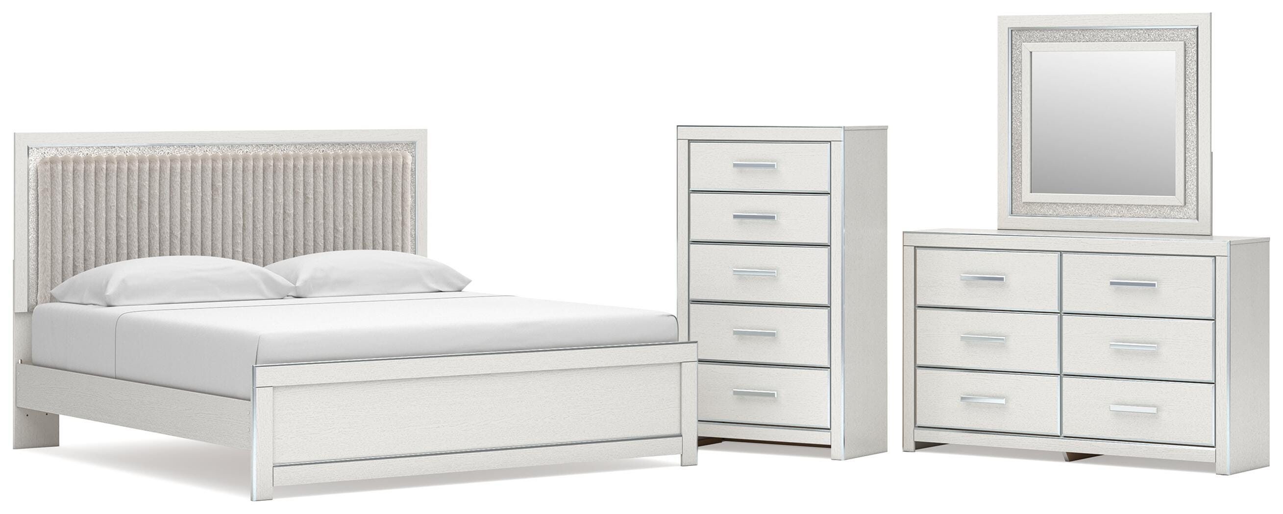 Zuraleus Upholstered Panel Platform Bed, Dresser, Mirror and Chest