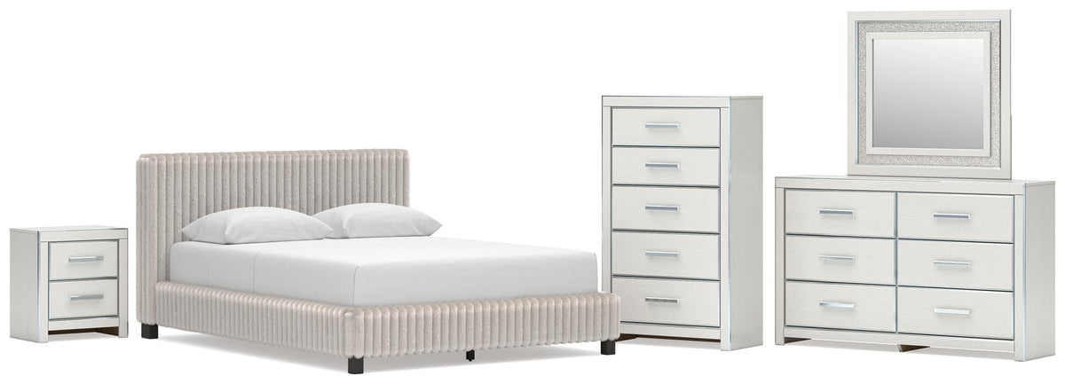 Zuraleus Upholstered Bed, Dresser, Mirror, Chest and Nightstand