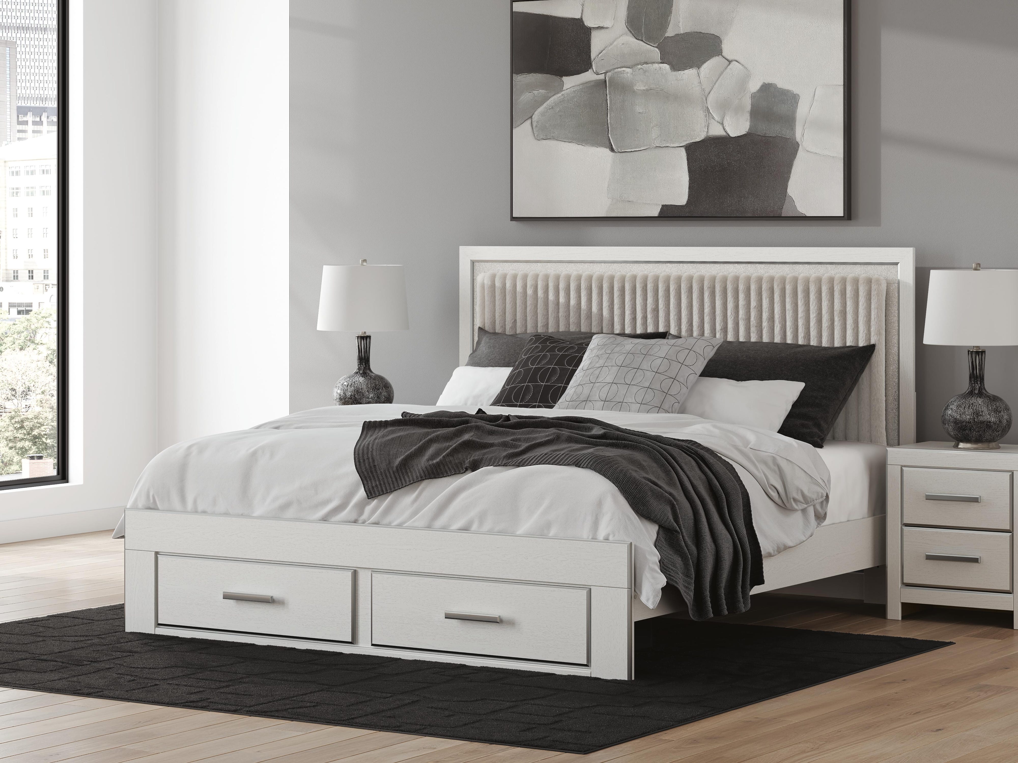 Zuraleus Upholstered Panel Platform Storage Bed, Dresser and Mirror