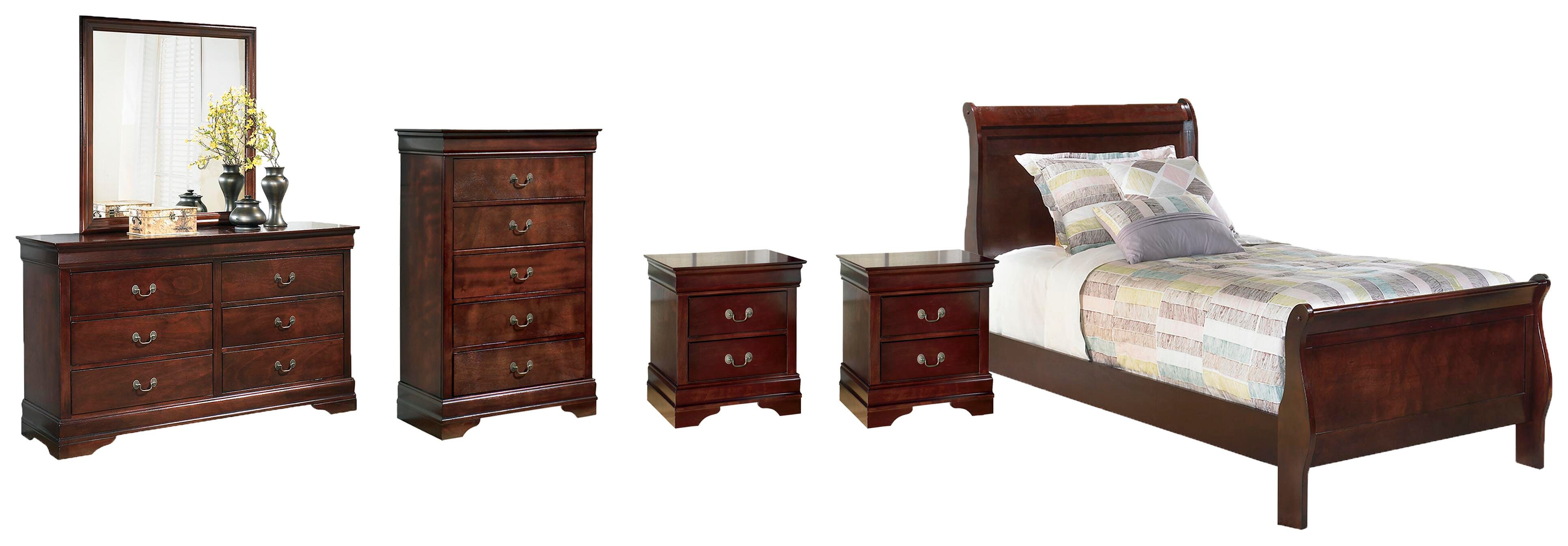 Alisdair Sleigh Bed with Mirrored Dresser, Chest and 2 Nightstands