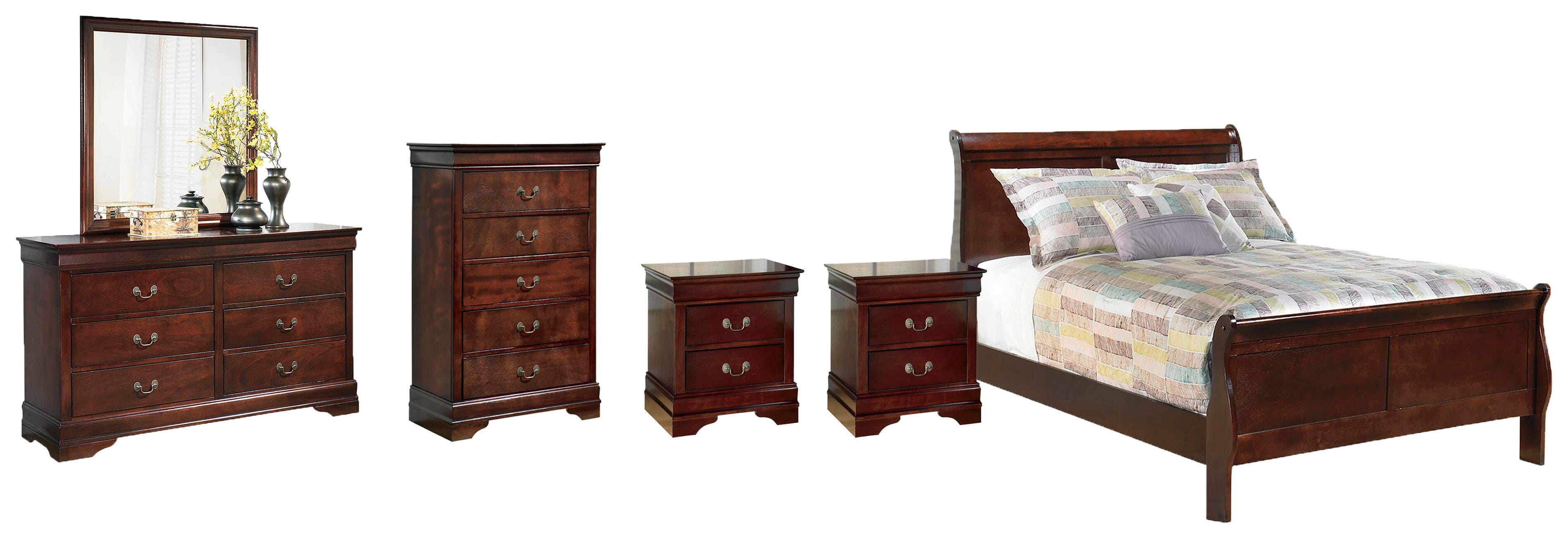 Alisdair Sleigh Bed with Mirrored Dresser, Chest and 2 Nightstands