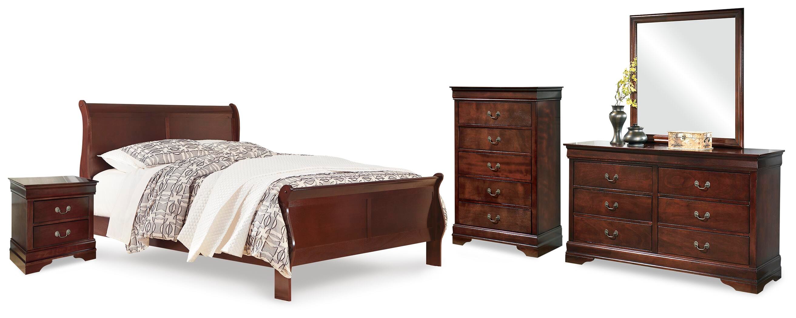 Alisdair Sleigh Bed with Mirrored Dresser, Chest and 2 Nightstands