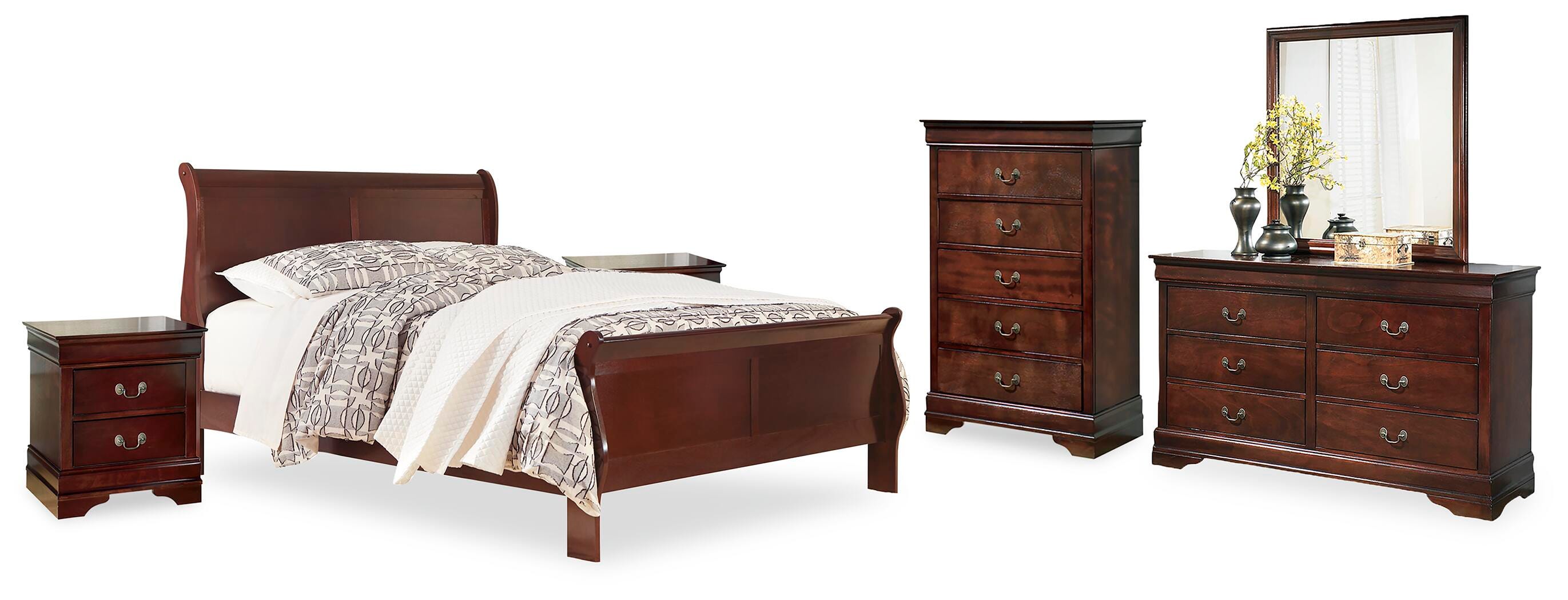 Alisdair Sleigh Bed with Mirrored Dresser, Chest and 2 Nightstands