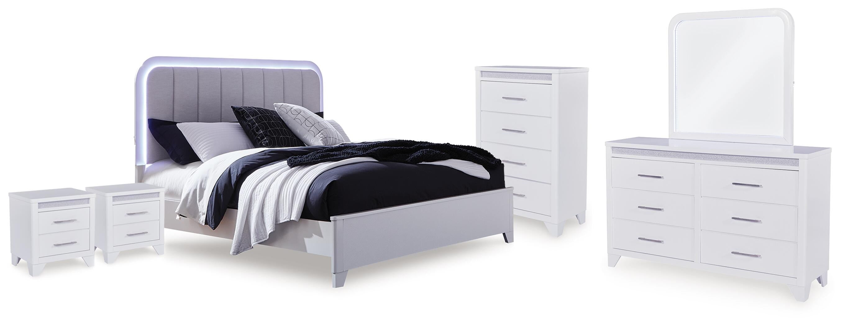 Jarlee Upholstered Panel Bed, Dresser, Mirror, Chest and 2 Nightstands