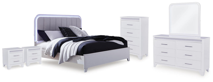 Jarlee Upholstered Panel Bed, Dresser, Mirror, Chest and 2 Nightstands