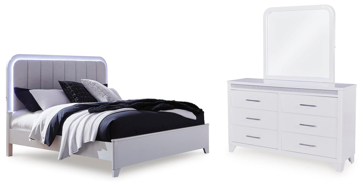Jarlee Upholstered Panel Bed, Dresser and Mirror