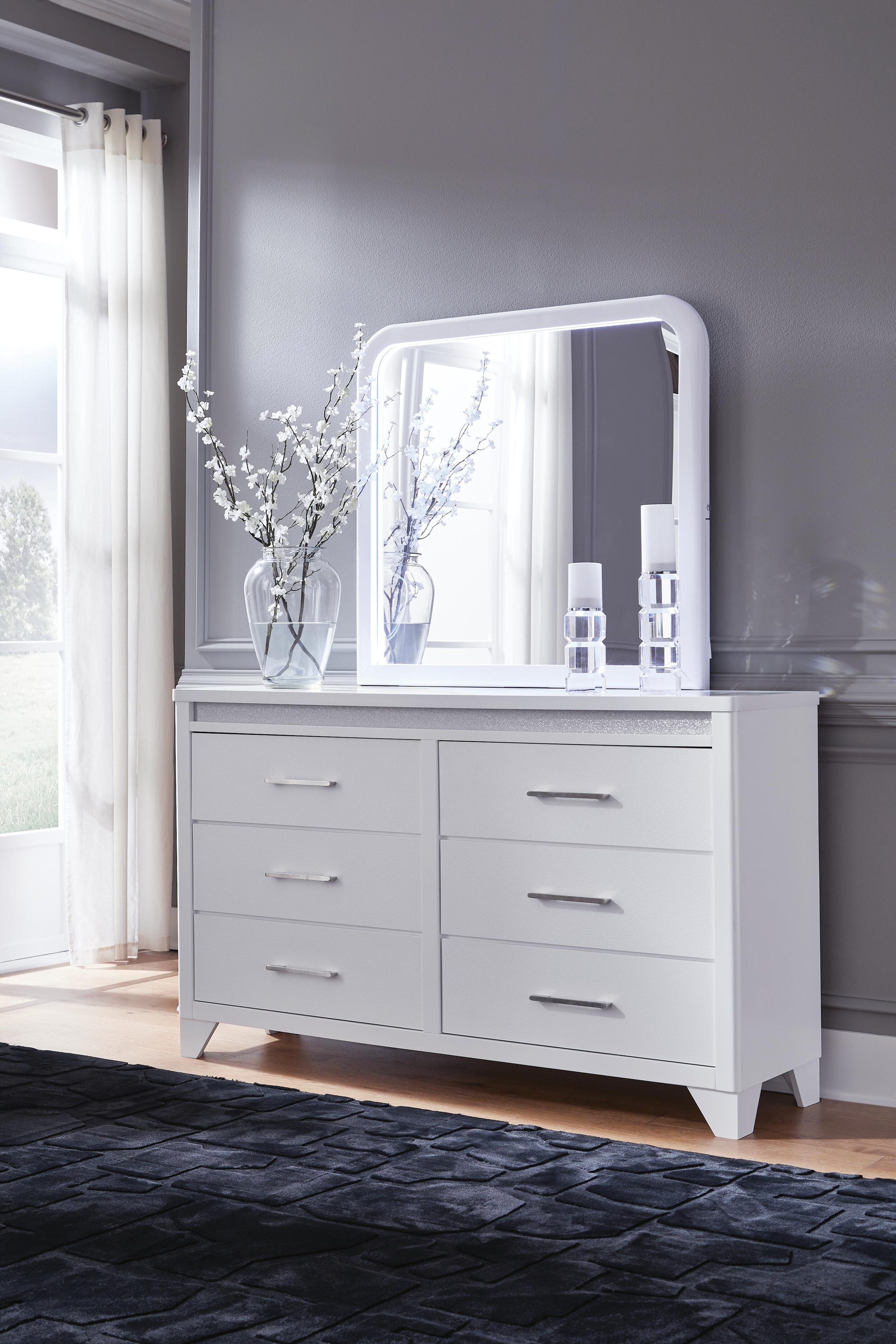 Jarlee Upholstered Panel Bed, Dresser and Mirror