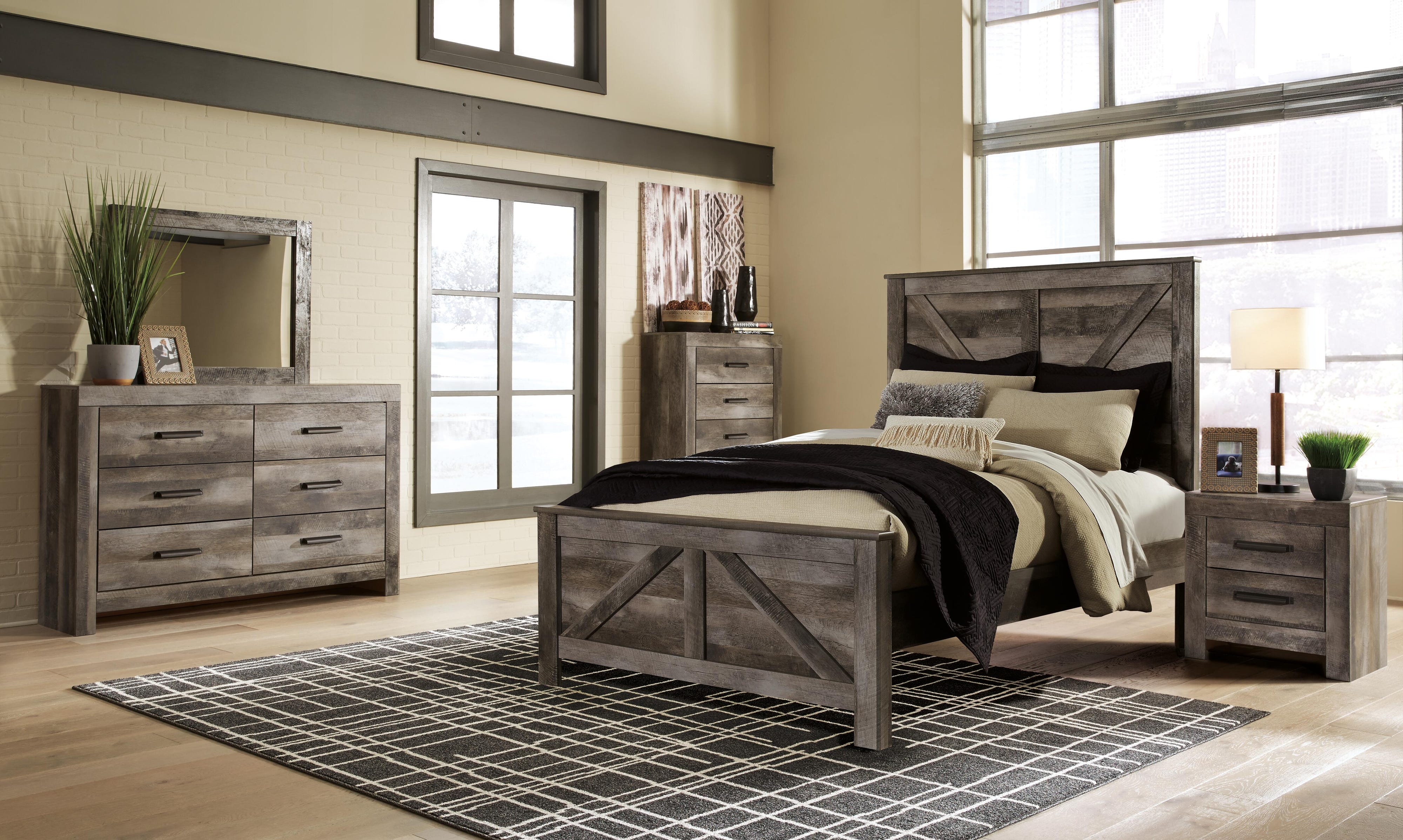 Wynnlow Crossbuck Panel Bed, Dresser, Mirror, and Nightstand