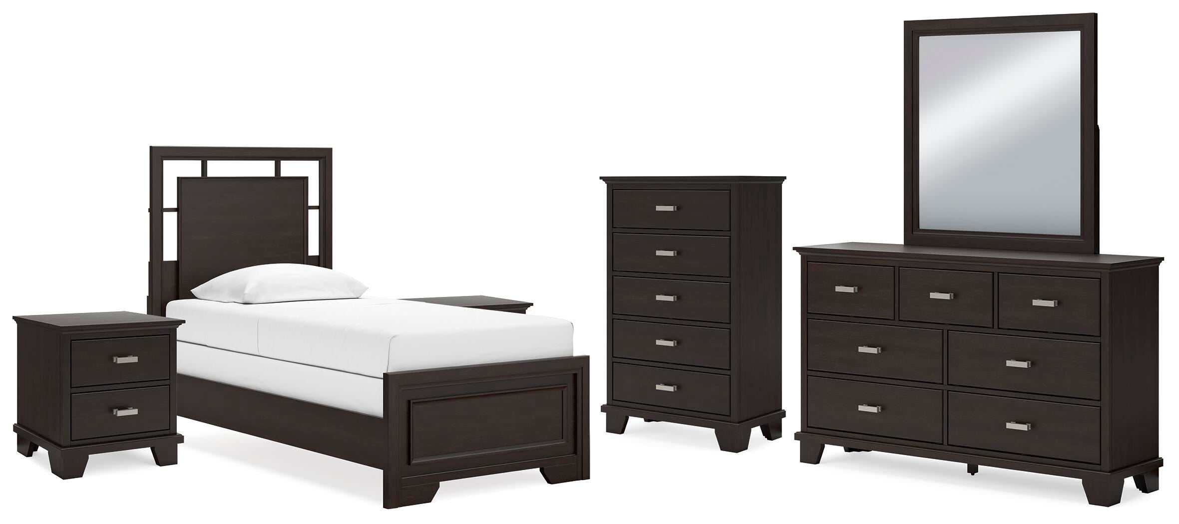 Covetown Panel Bed with Mirrored Dresser, Chest and 2 Nightstands