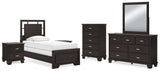 Covetown Panel Bed with Mirrored Dresser, Chest and 2 Nightstands
