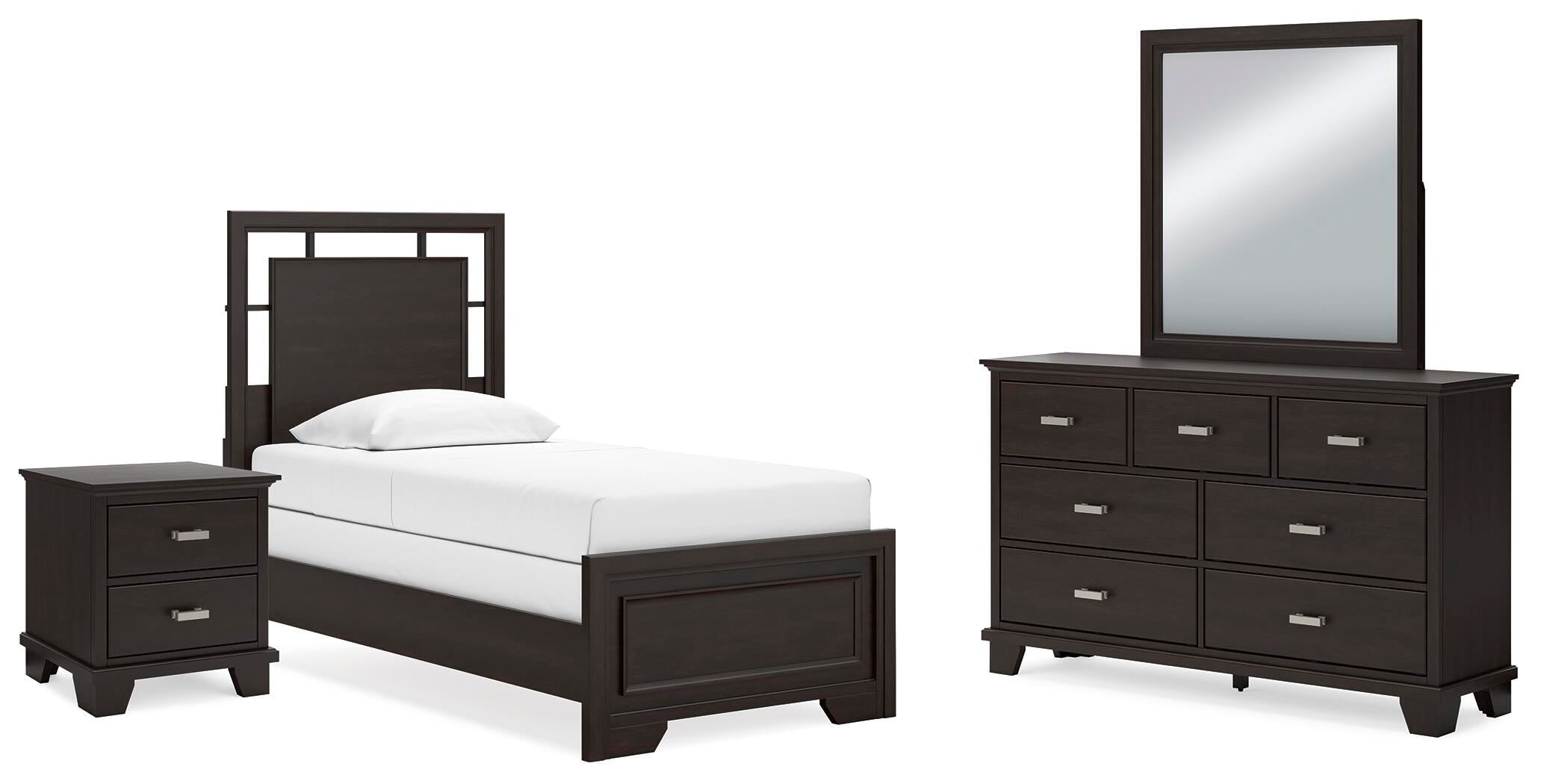 Covetown Panel Bed with Mirrored Dresser and Nightstand