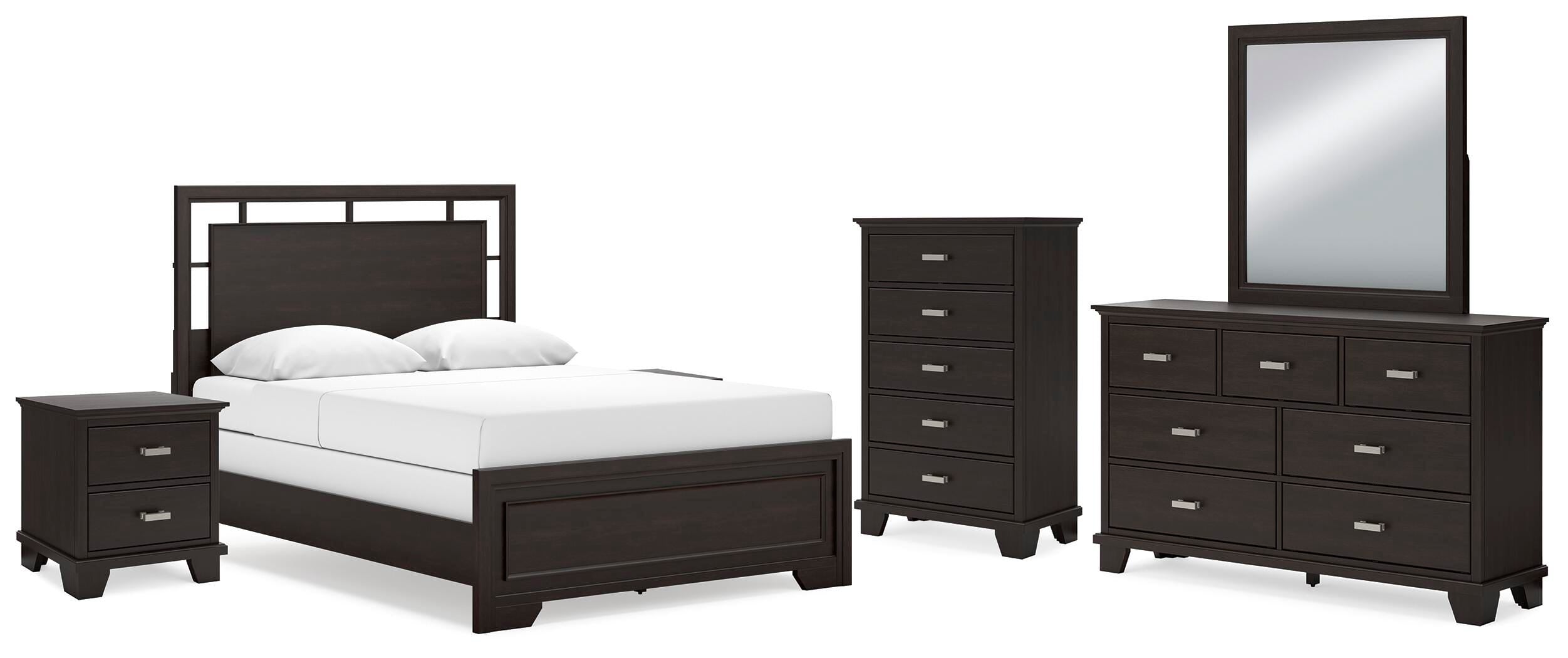 Covetown Panel Bed with Mirrored Dresser, Chest and 2 Nightstands