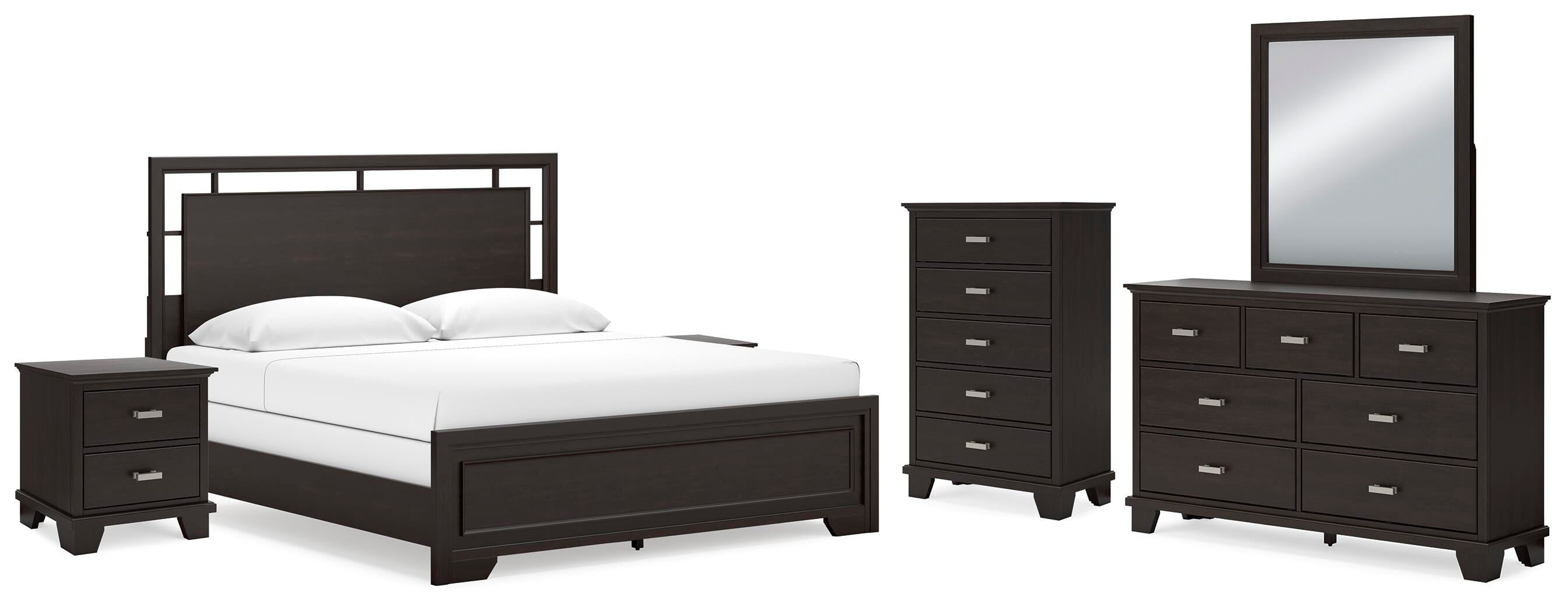 Covetown Panel Bed with Mirrored Dresser, Chest and 2 Nightstands