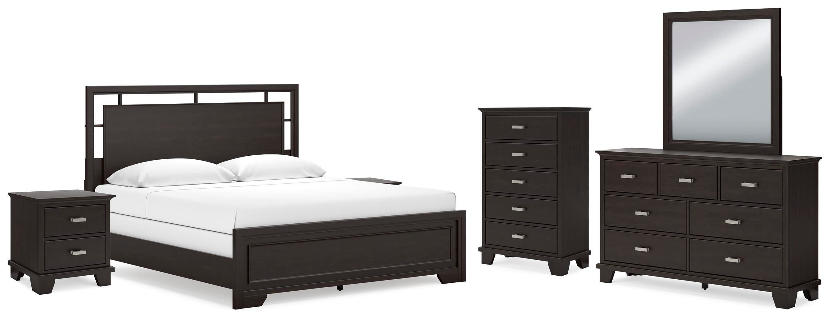 Covetown Panel Bed with Mirrored Dresser, Chest and 2 Nightstands