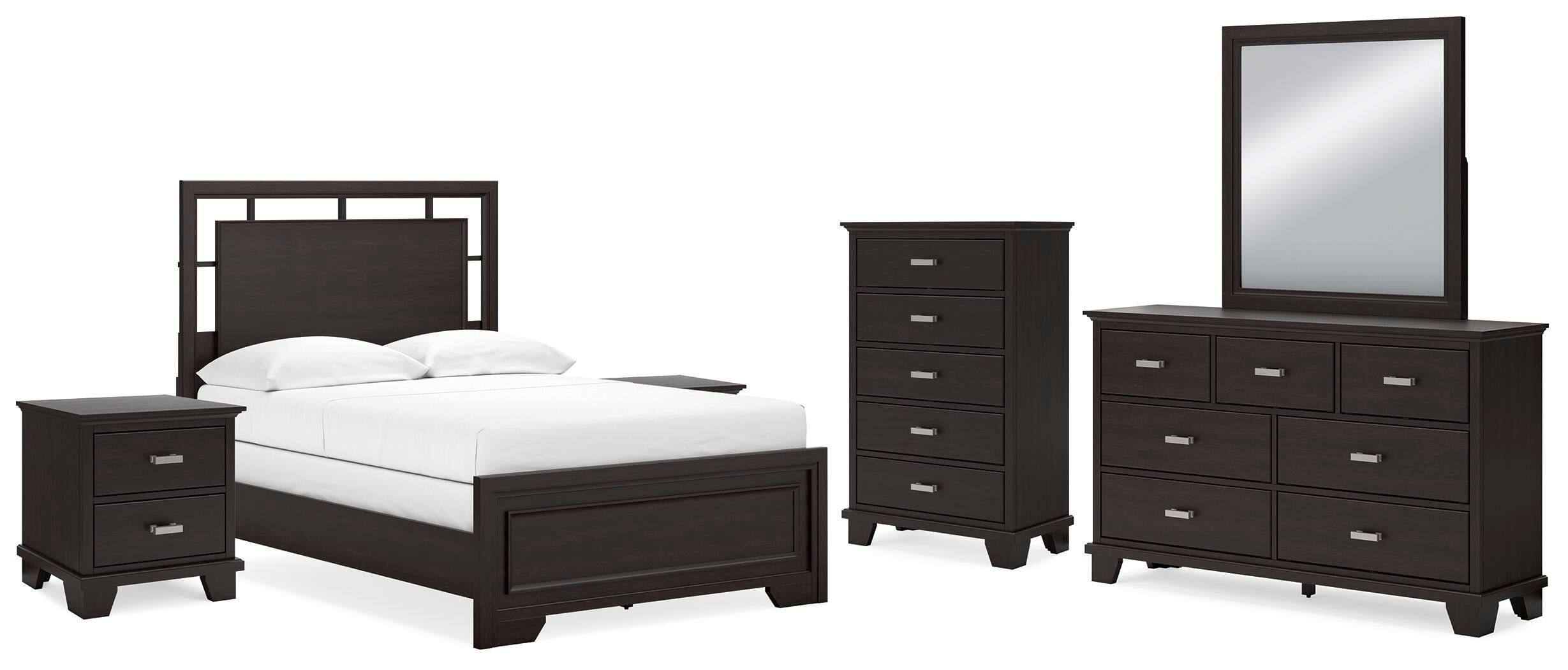 Covetown Panel Bed with Mirrored Dresser, Chest and 2 Nightstands