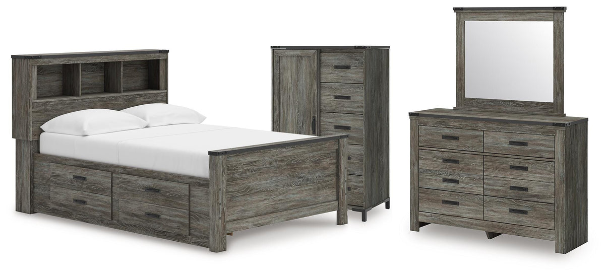 Frandern Bookcase Panel Bed with Storage, Dresser, Mirror and Chest