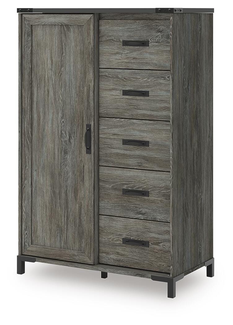 Frandern Bookcase Panel Bed with Storage, Dresser, Mirror and Chest