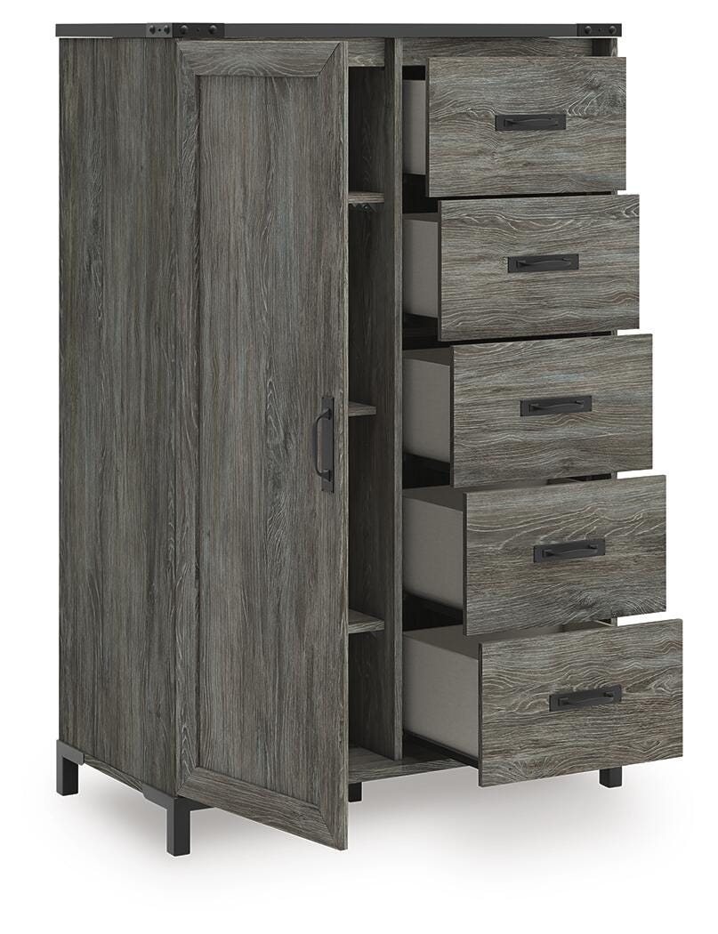 Frandern Bookcase Panel Bed with Storage, Dresser, Mirror and Chest