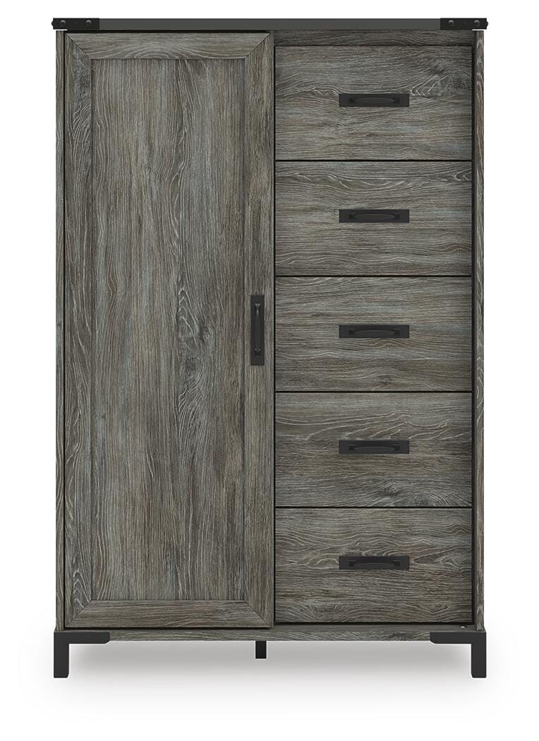 Frandern Bookcase Panel Bed with Storage, Dresser, Mirror and Chest