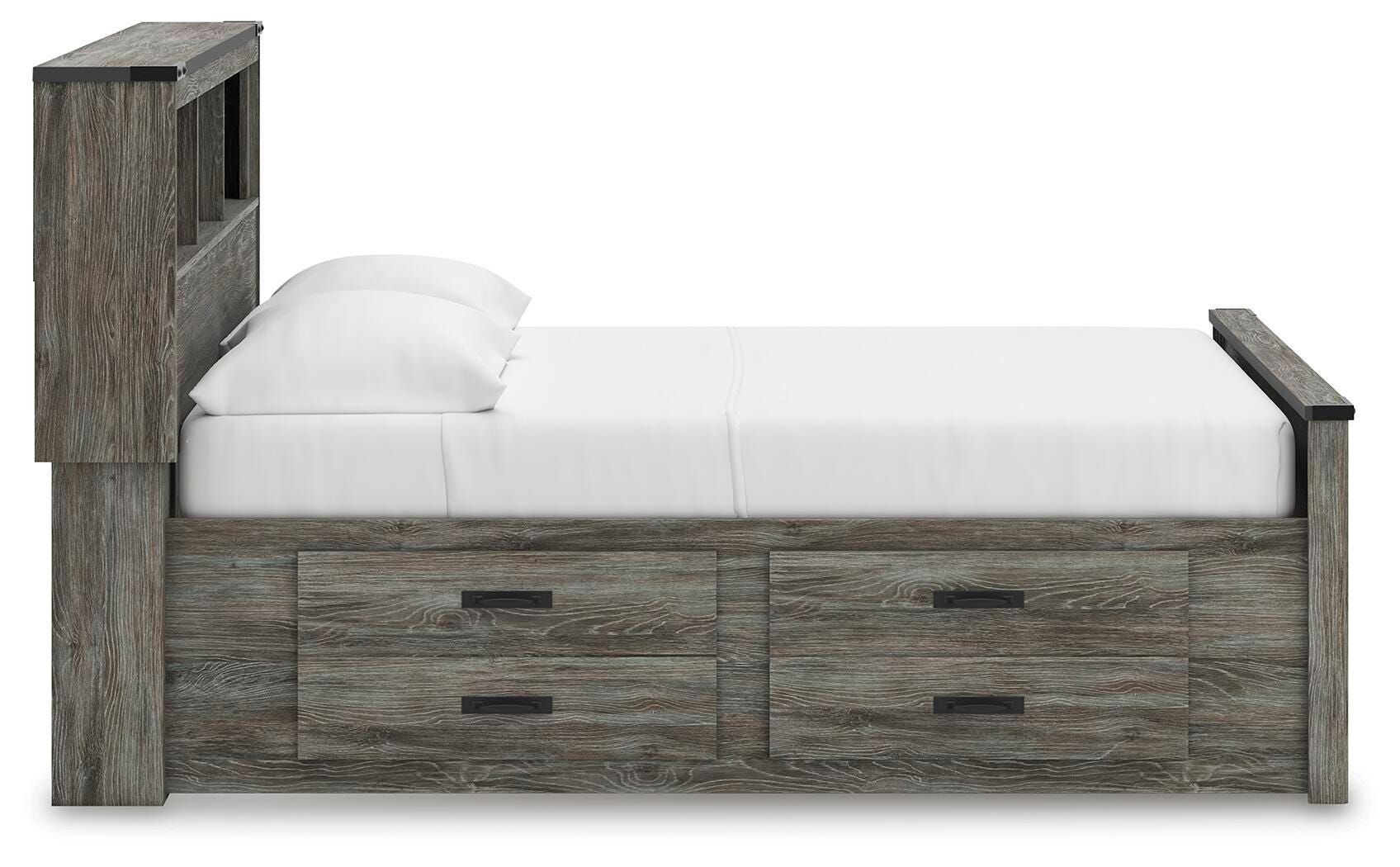 Frandern Bookcase Panel Bed with Storage, Dresser, Mirror and Chest