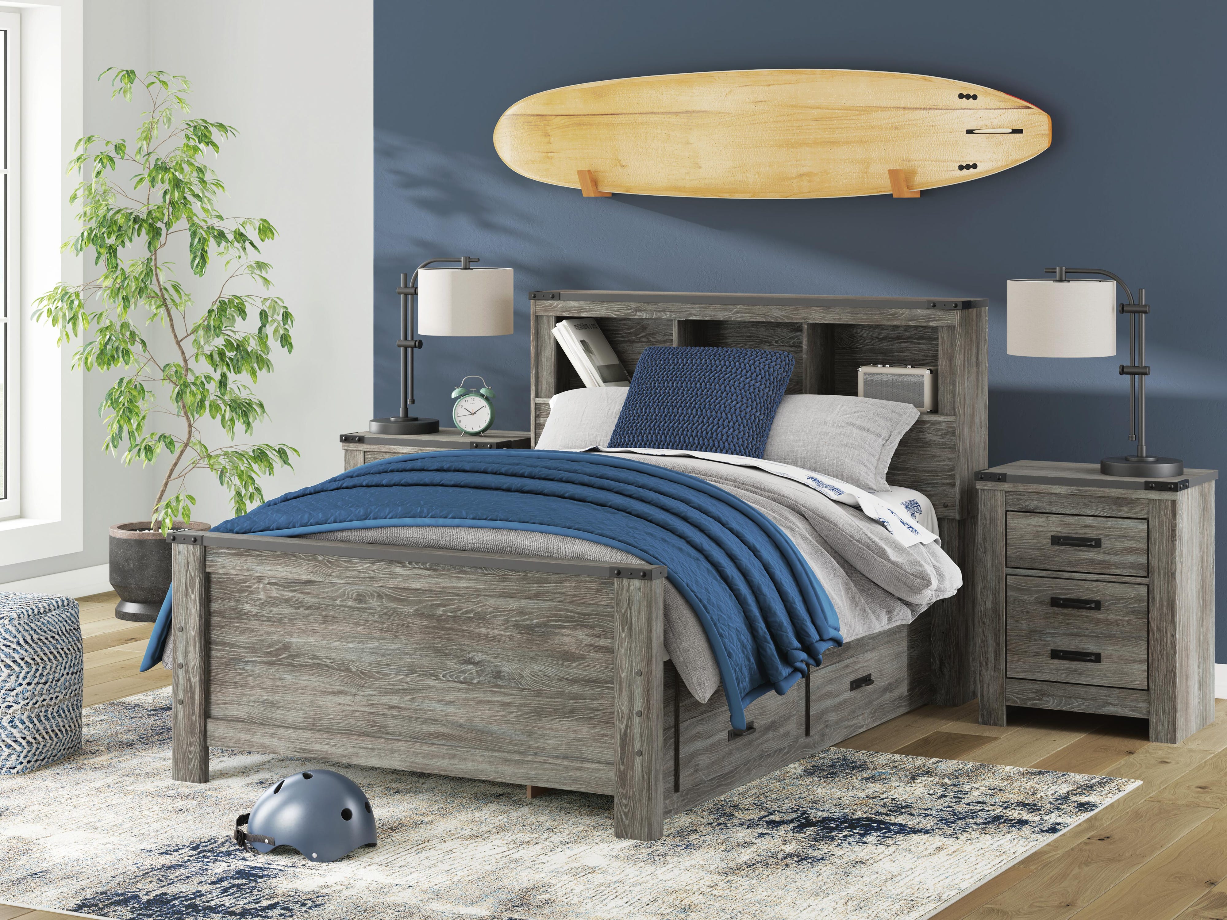Frandern Bookcase Panel Bed with Storage, Dresser, Mirror and Chest