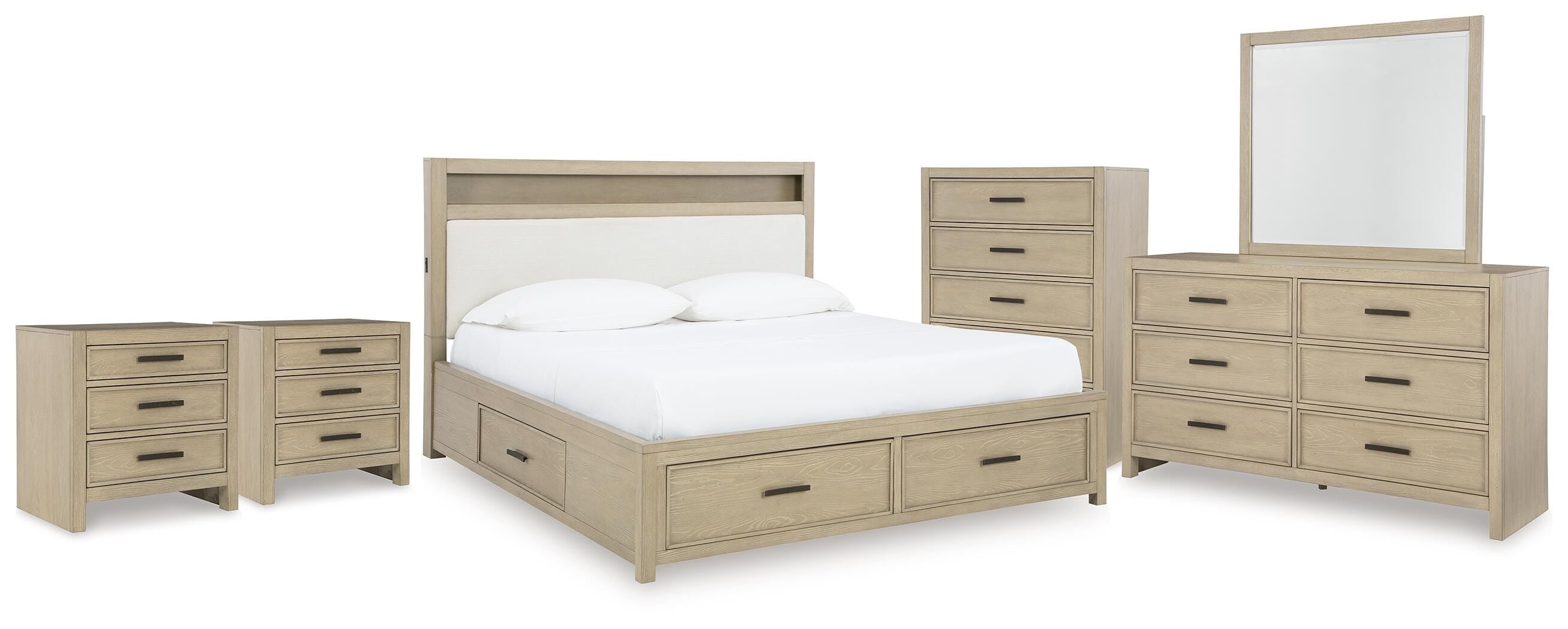 Calmoro Bookcase Bed with Mirrored Dresser, Chest and 2 Nightstands