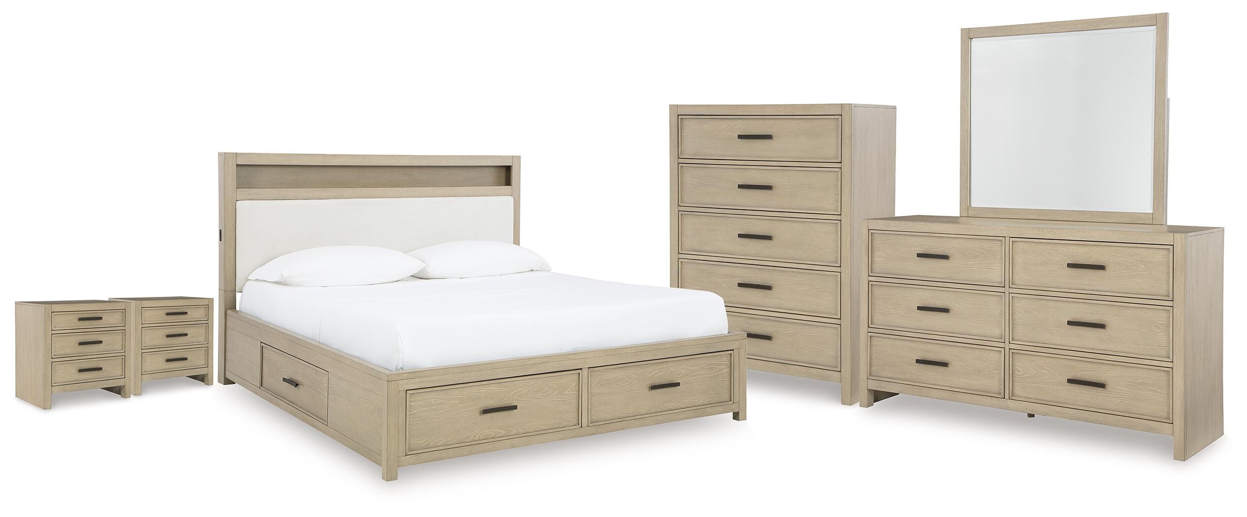Calmoro Bookcase Bed with Mirrored Dresser, Chest and 2 Nightstands
