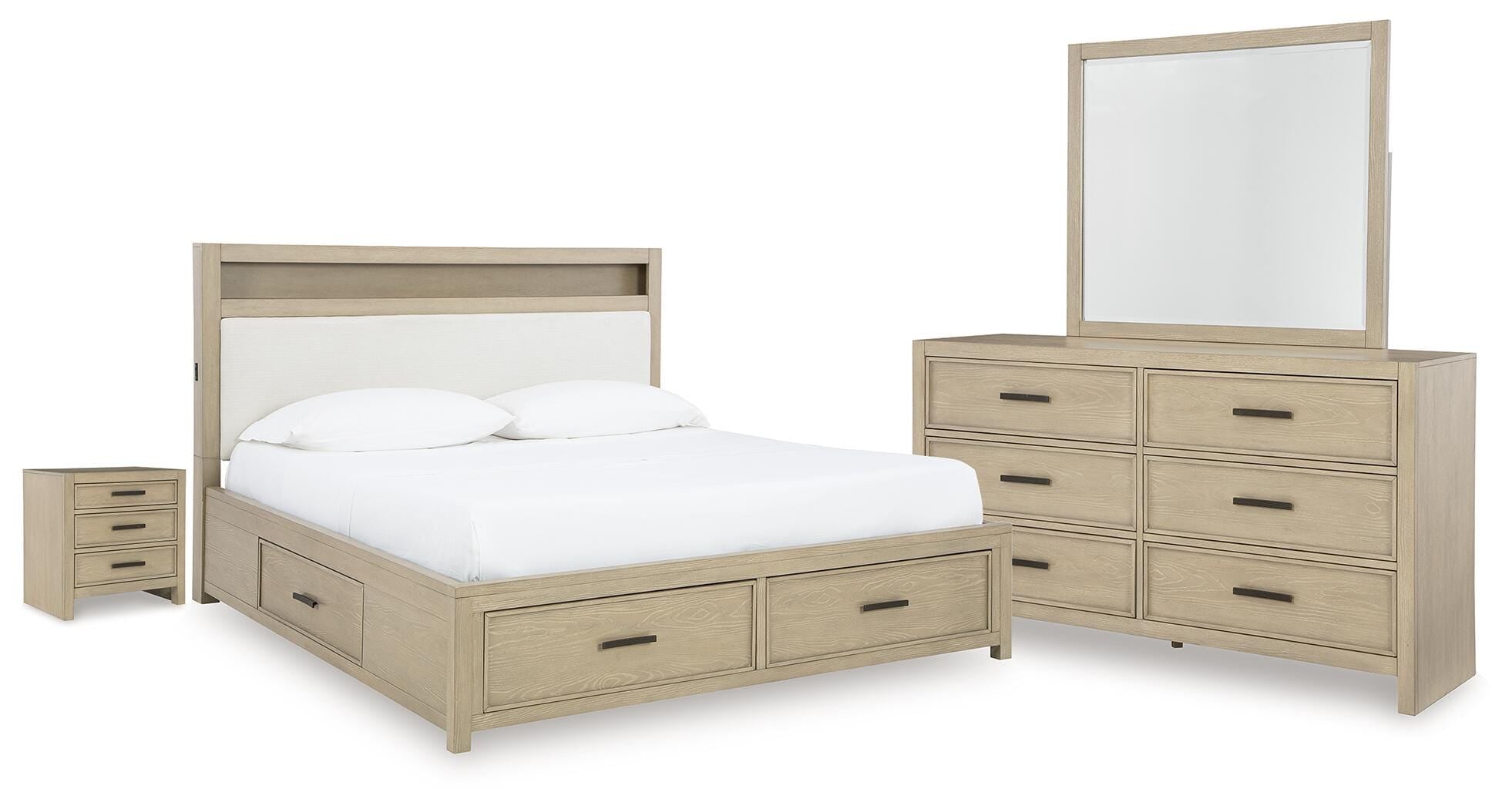 Calmoro Bookcase Bed with Mirrored Dresser and Nightstand