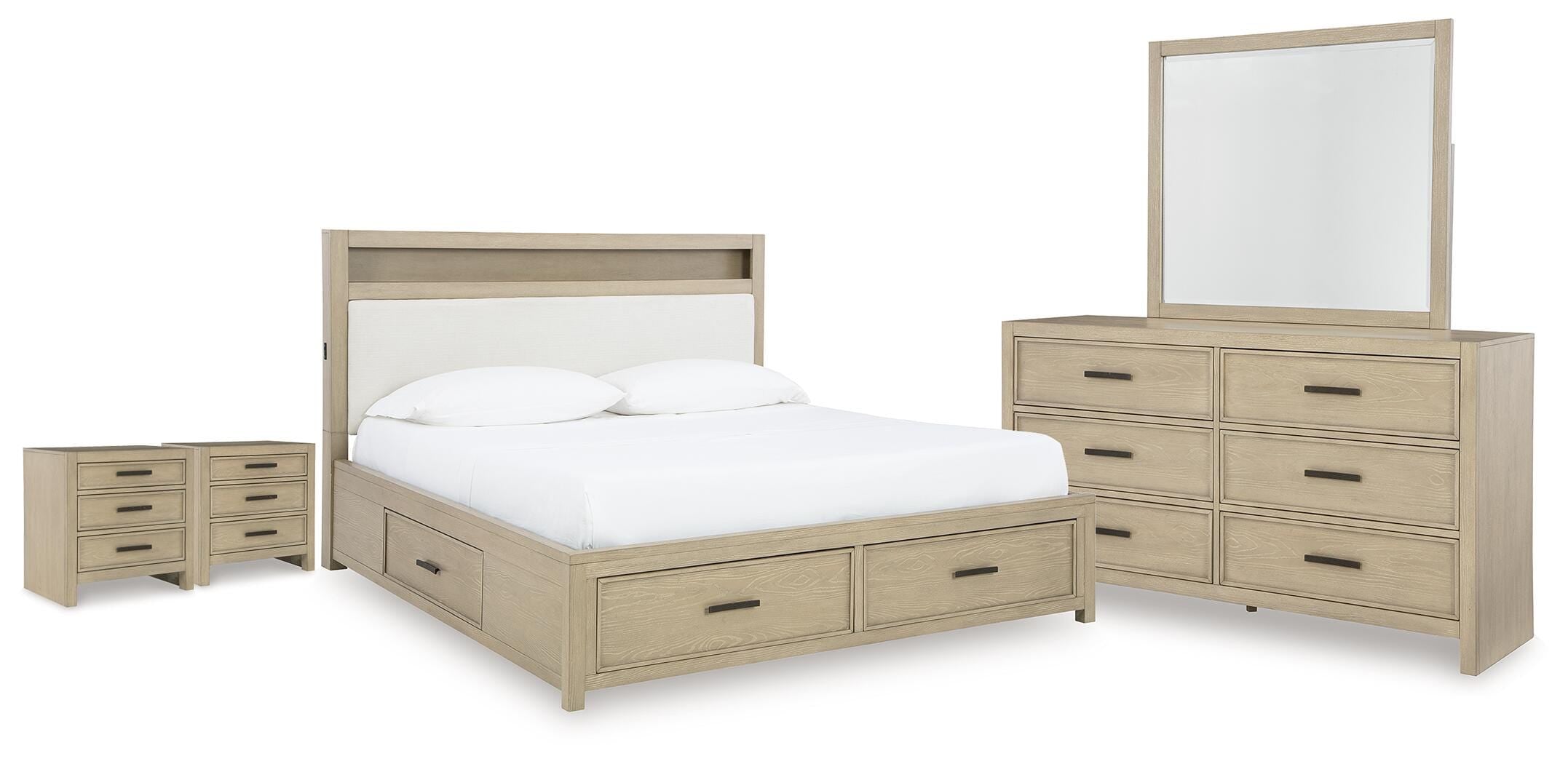 Calmoro Bookcase Bed with Mirrored Dresser and 2 Nightstands