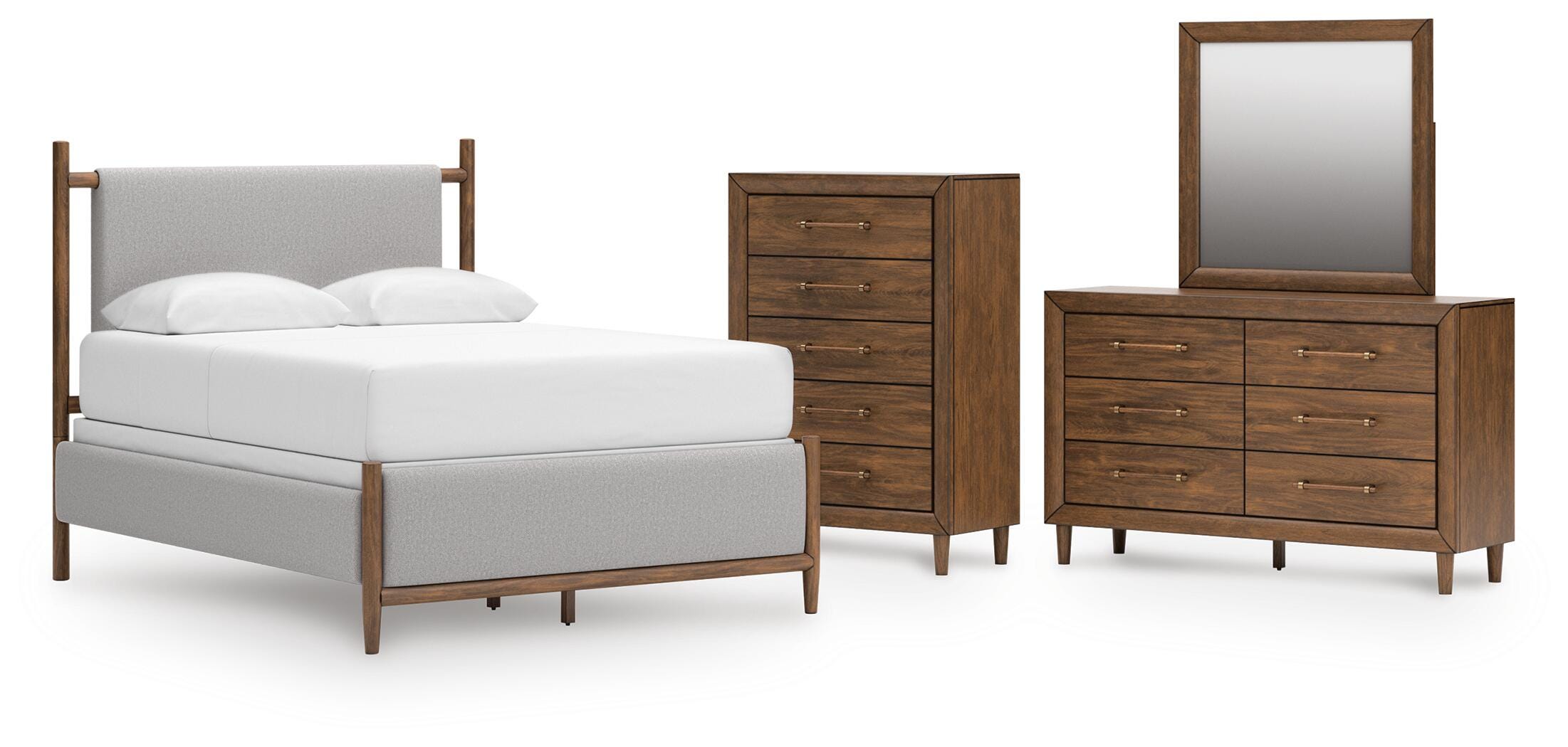 Lyncott Upholstered Panel Bed, Dresser, Mirror and Chest