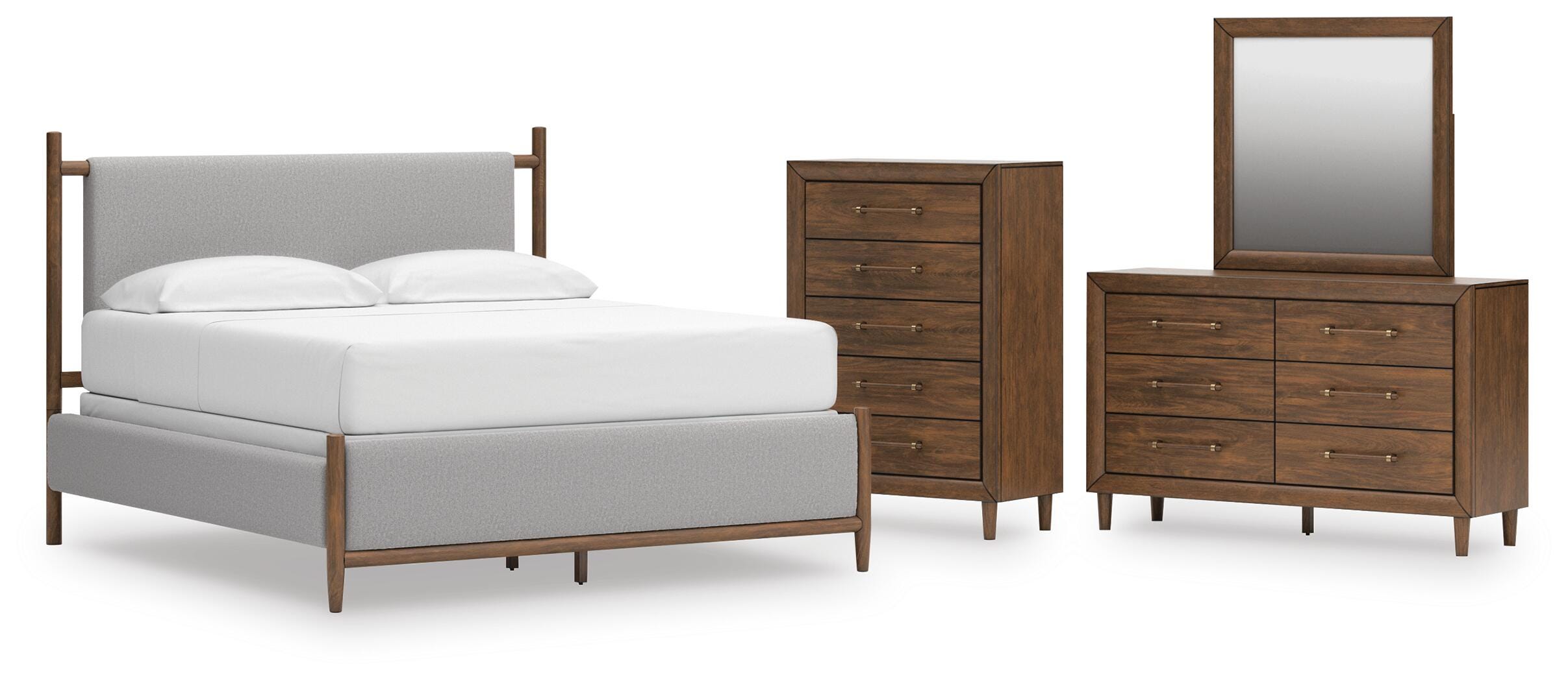 Lyncott Upholstered Panel Bed, Dresser, Mirror and Chest