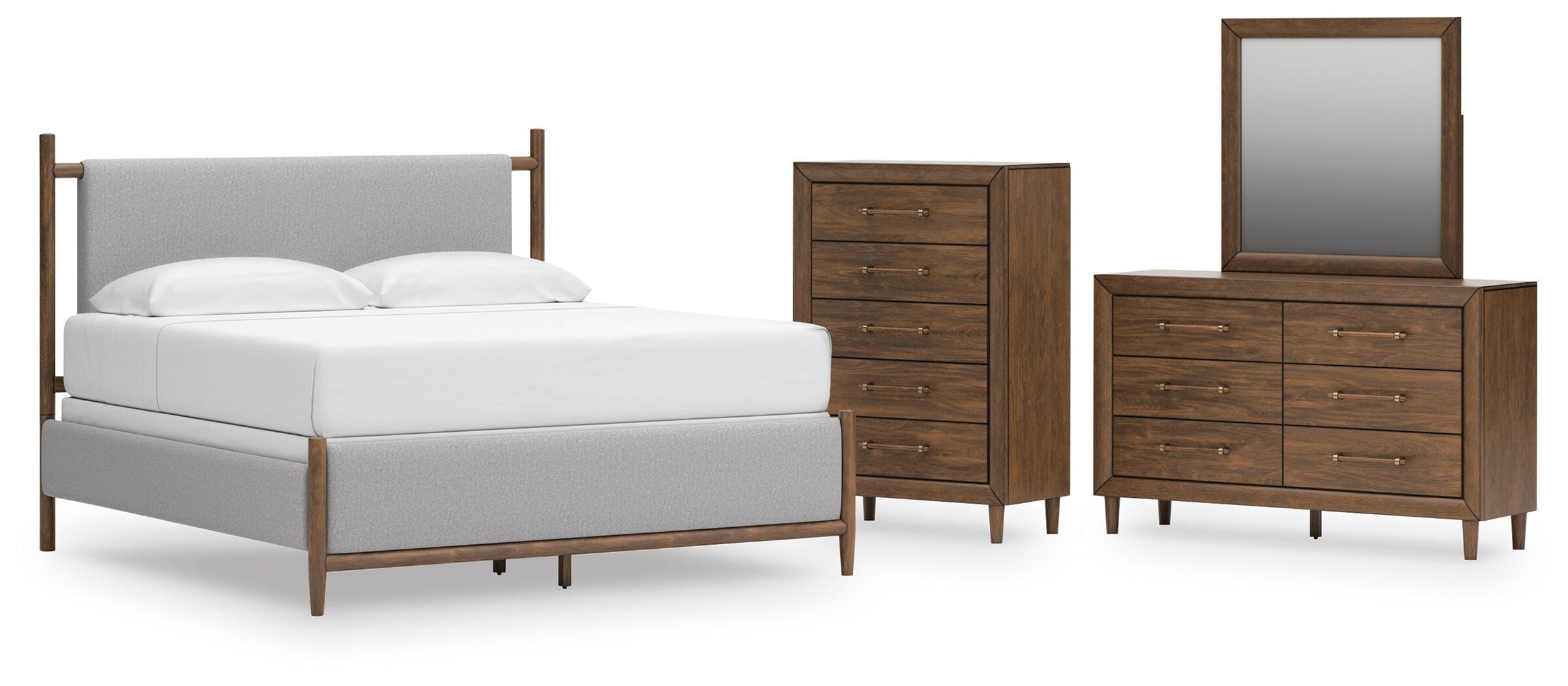 Lyncott Upholstered Panel Bed, Dresser, Mirror and Chest