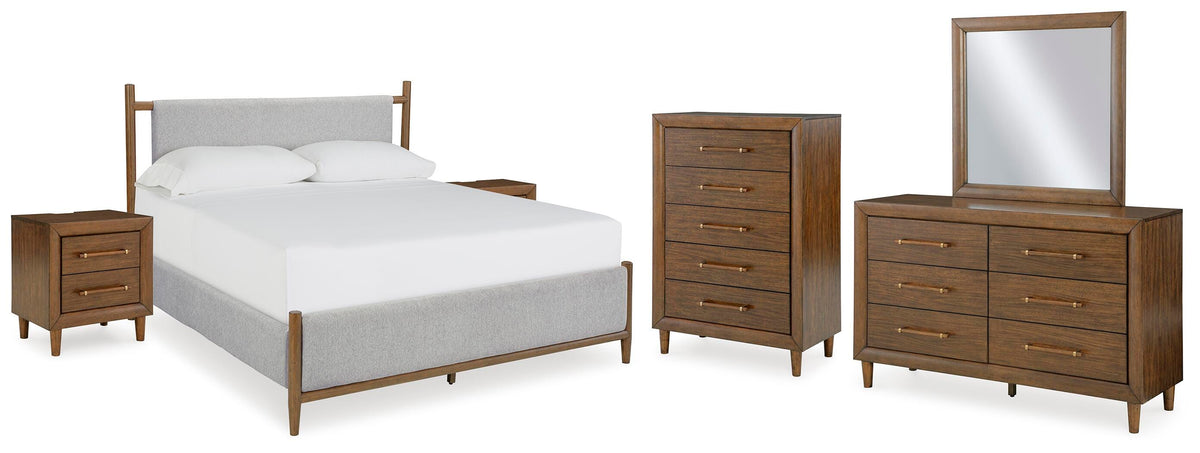Lyncott Upholstered Bed with Mirrored Dresser, Chest and 2 Nightstands