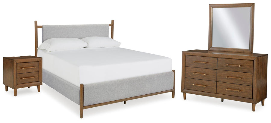 Lyncott Upholstered Bed, Dresser, Mirror and Nightstand