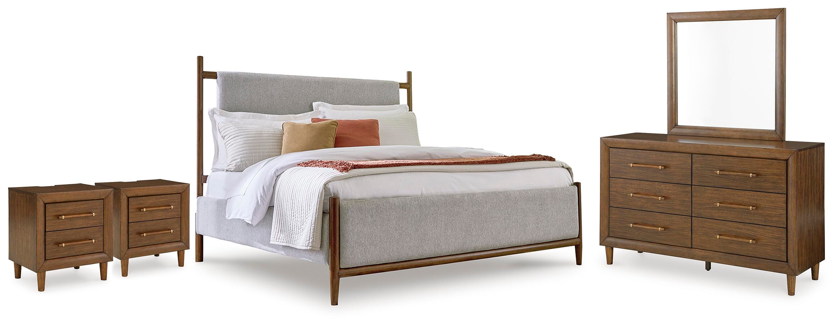 Lyncott Upholstered Bed, Dresser, Mirror and 2 Nightstands