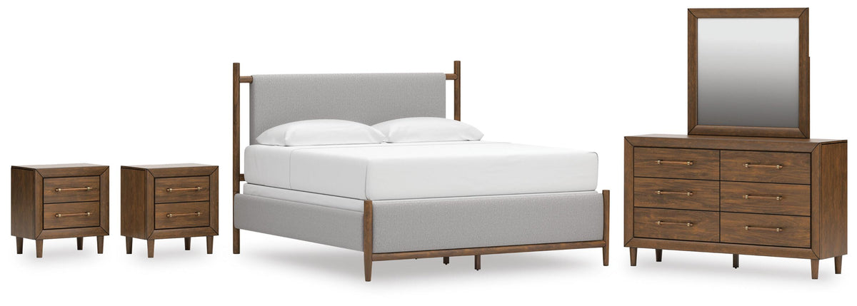 Lyncott Upholstered Bed, Dresser, Mirror and 2 Nightstands