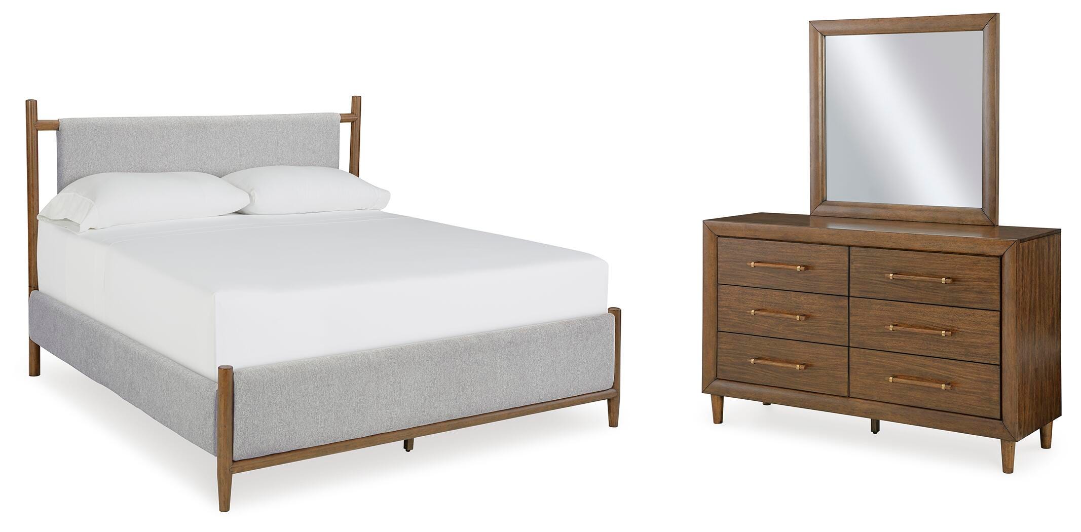 Lyncott Upholstered Bed with Mirrored Dresser