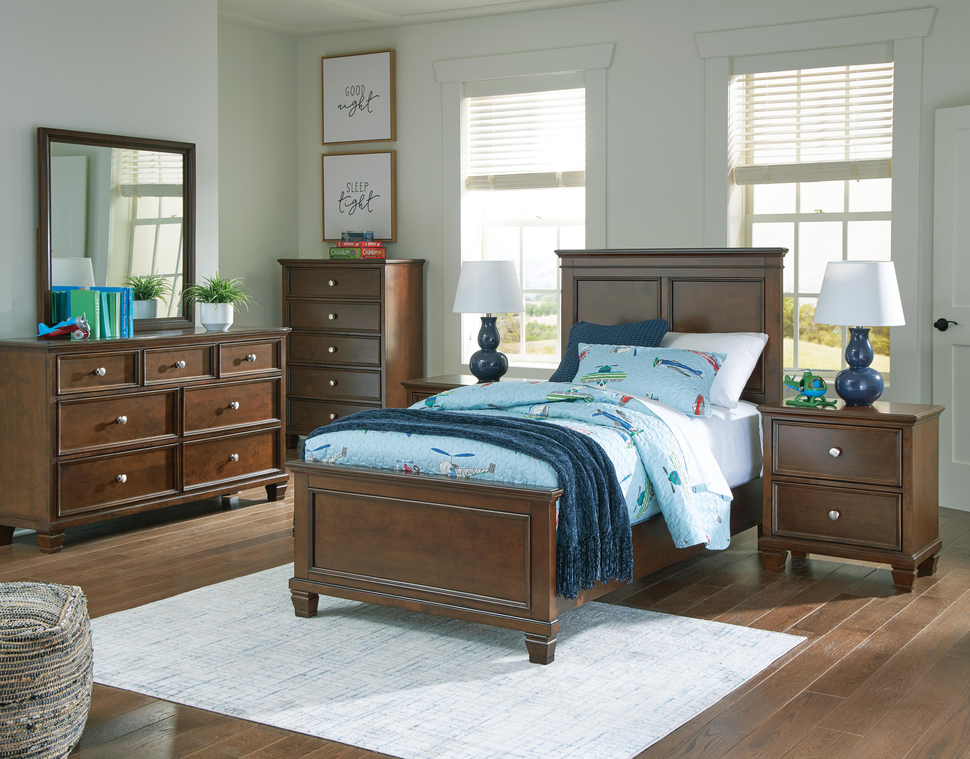 Danabrin Panel Bed with Mirrored Dresser and Chest