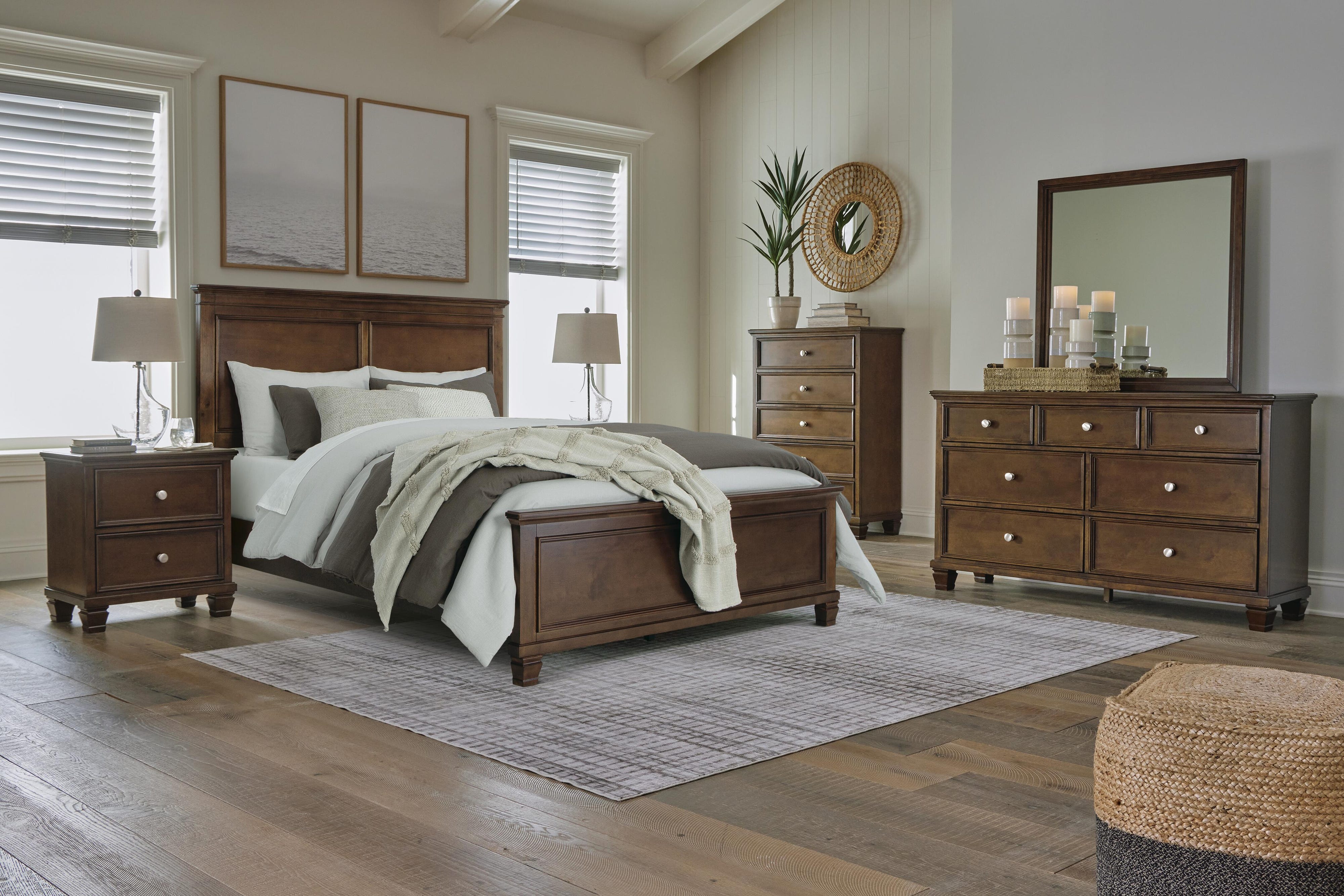 Danabrin Panel Bed with Mirrored Dresser and Chest