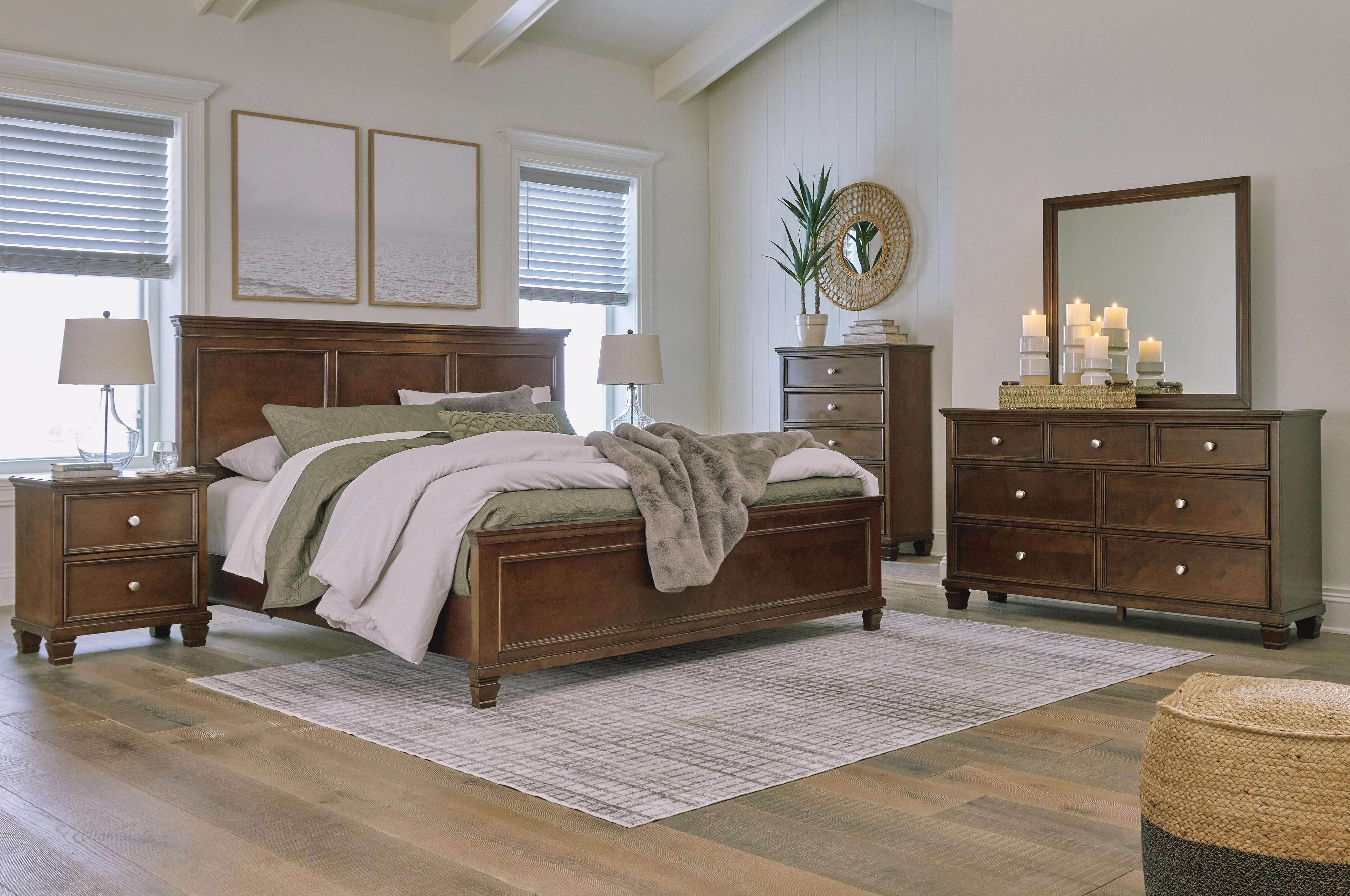Danabrin Panel Bed with Mirrored Dresser, Chest and Nightstand