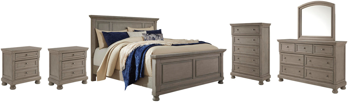 Lettner Panel Bed with Mirrored Dresser, Chest and 2 Nightstands