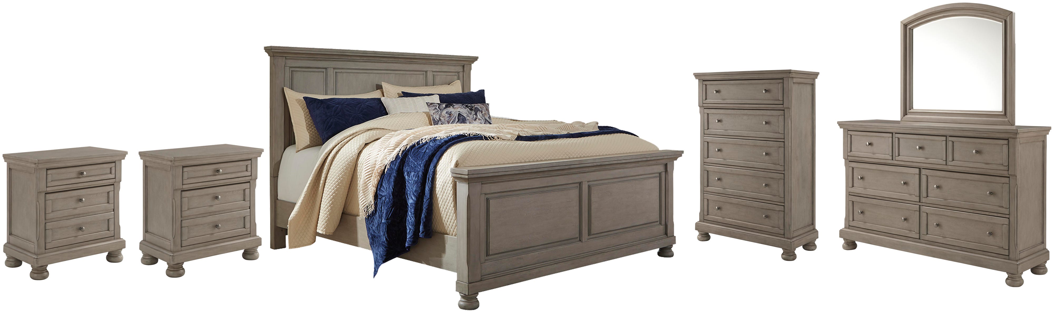 Lettner Panel Bed with Mirrored Dresser, Chest and 2 Nightstands