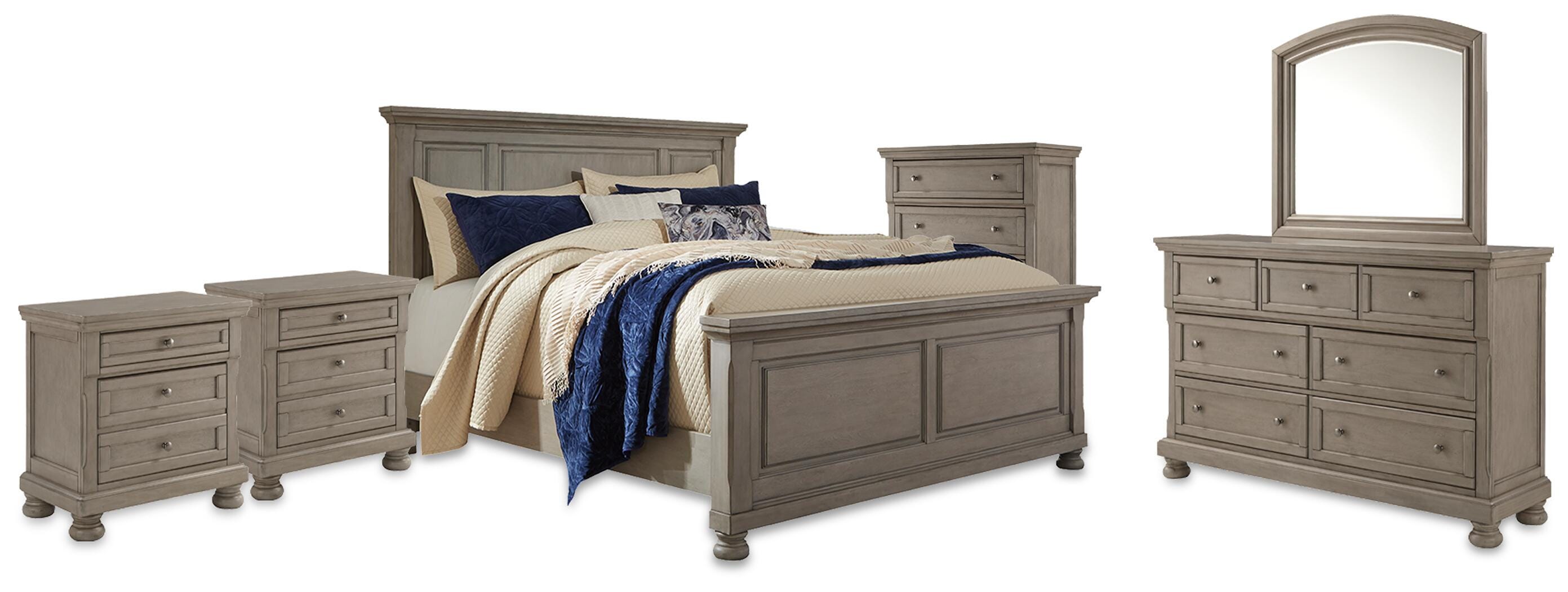 Lettner Panel Bed with Mirrored Dresser, Chest and 2 Nightstands