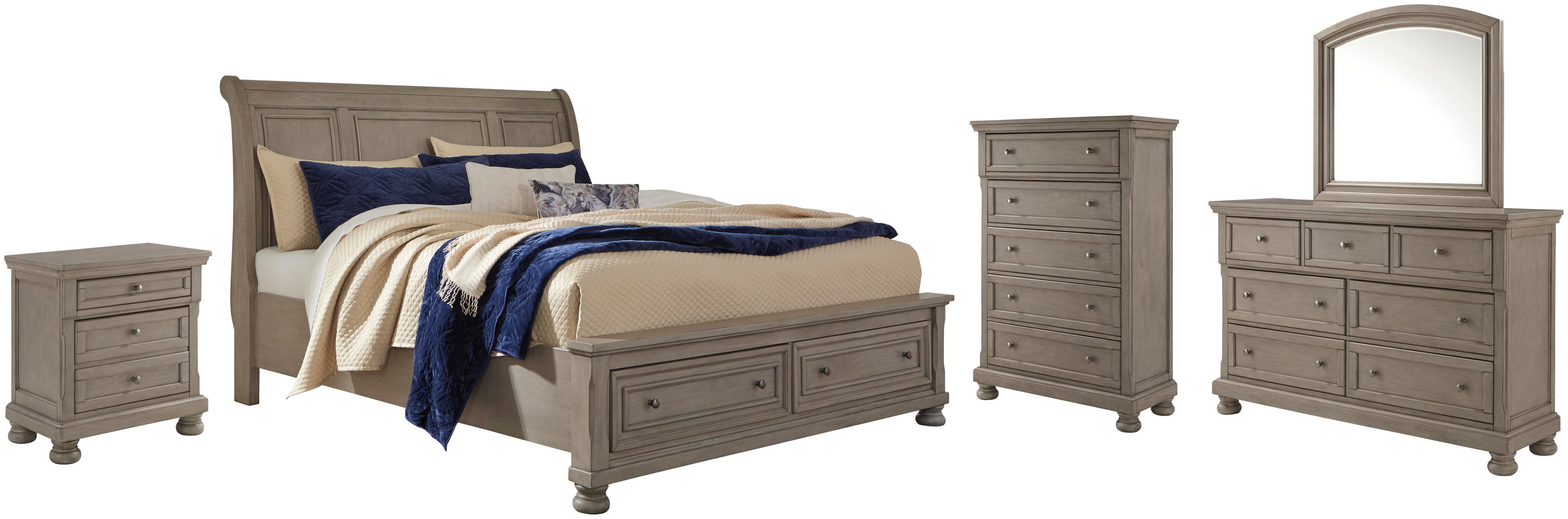 Lettner Sleigh Bed with 2 Storage Drawers with Mirrored Dresser, Chest and Nightstand